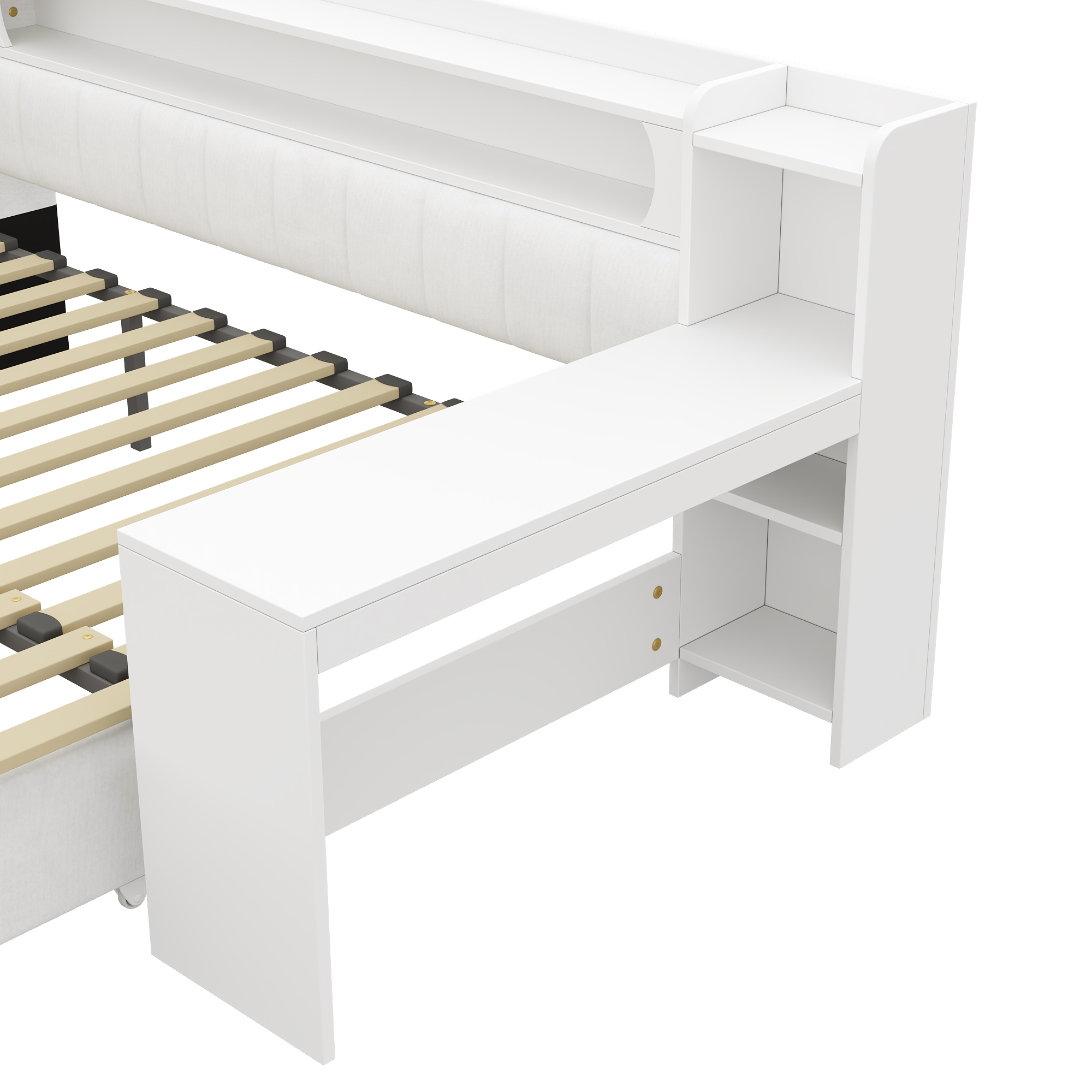 Lit banquette 90x200 cm extensible à 180x200 cm,en bois,lit enfant,lit gigogne,rangement intégré,bureau intégré,éclairage LED,port USB,blanc