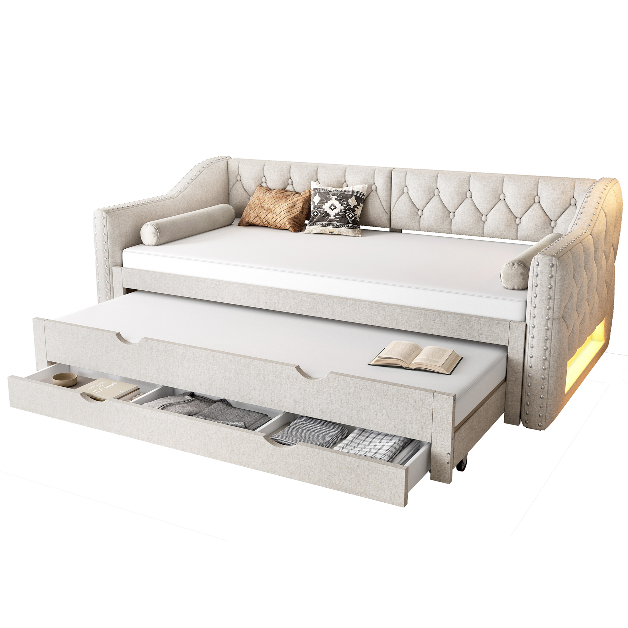 Détails de Lit gigogne rembourré en lin 90 x 200 cm avec tiroirs et LED, Beige