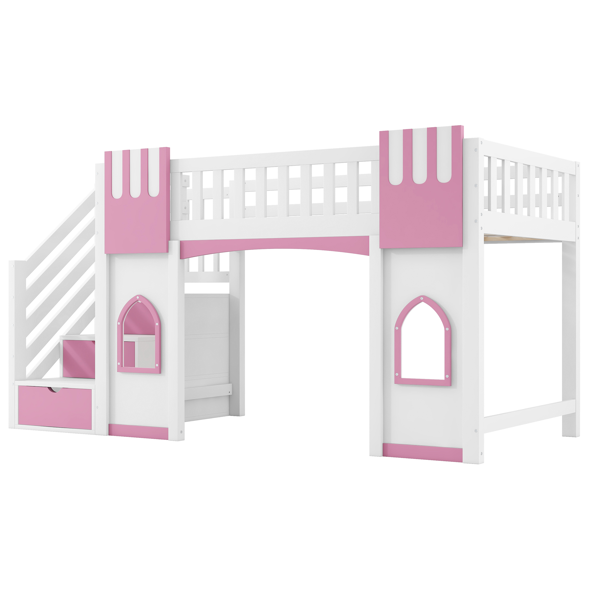 Lit mezzanine 90 x 200 cm, escalier de rangement, toboggan, design cabane, garde-corps, bois de pin, blanc et rose, 253 x 95 x 127,5 cm 🏠 - points forts 1