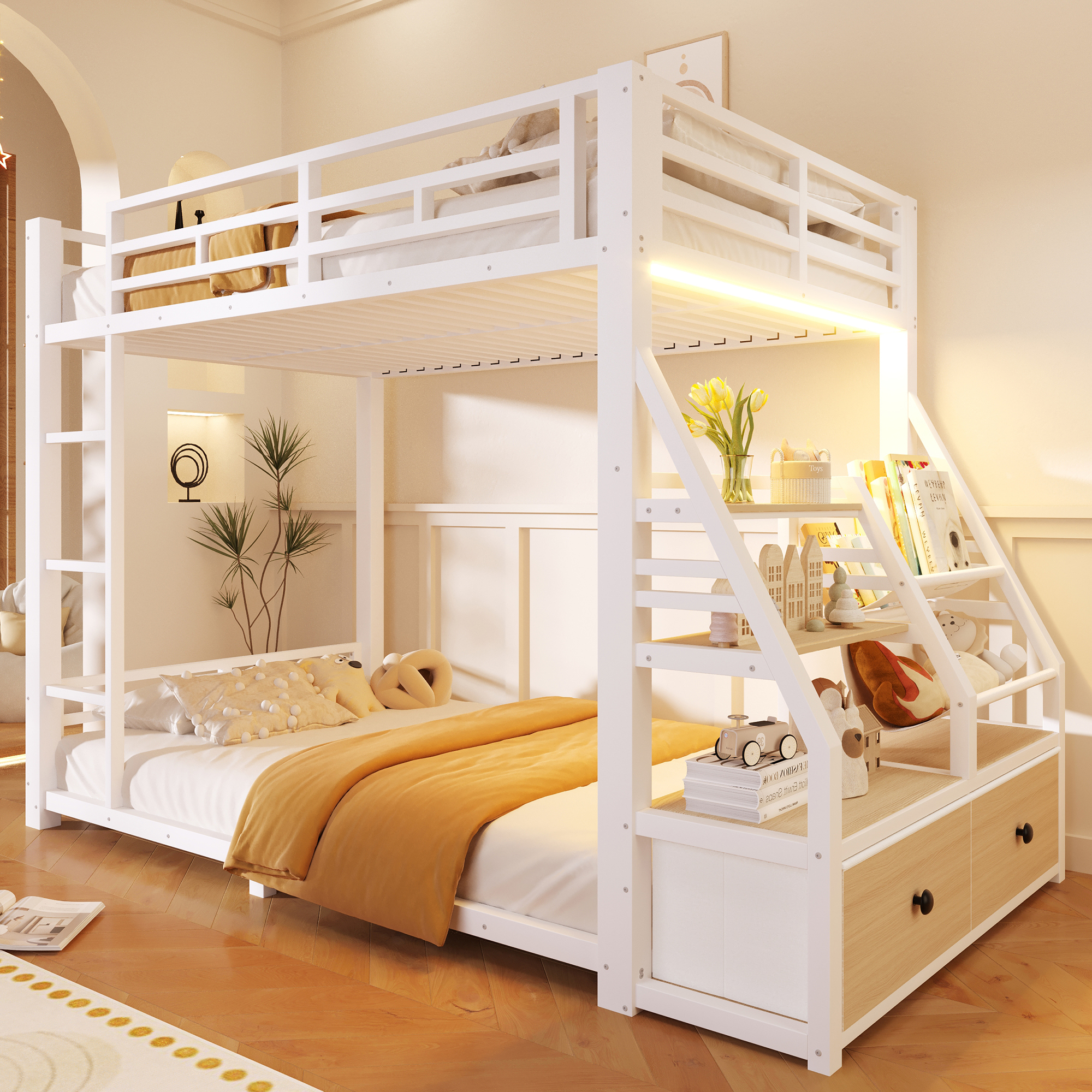Lit superposé métal 90x200 blanc LED tiroirs tissu