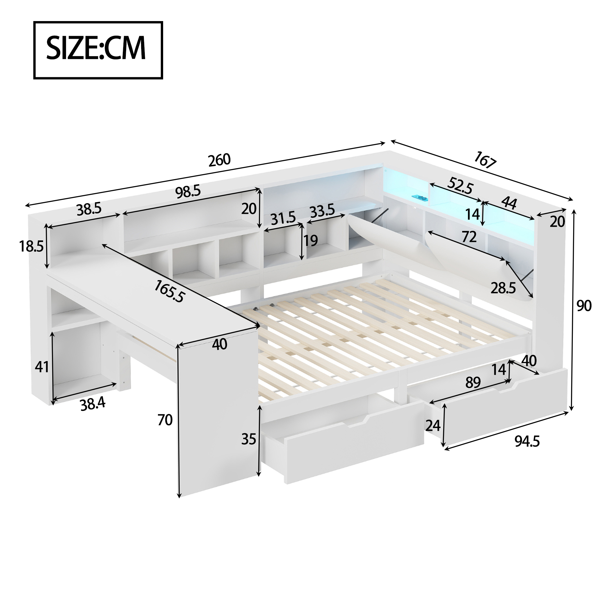 Lit / lit de chambre 140 x 200 cm avec éclairage LED, port USB / Type-C, rangements intégrés, bureau intégré, blanc - vue complémentaire 1