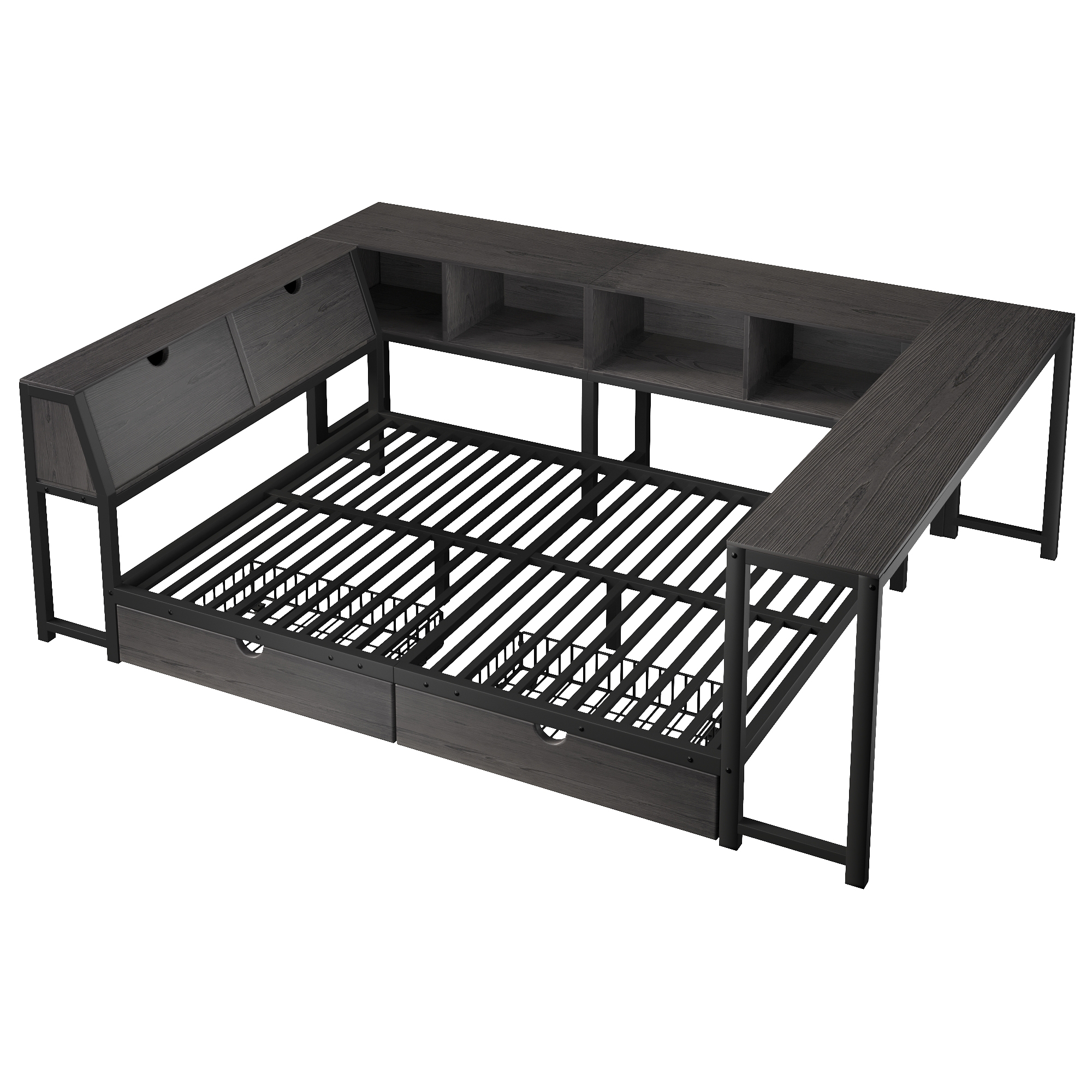 Lit en métal 140x200 cm,en métal,lit enfant,tiroirs de rangement,bureau intégré,éclairage LED,noir,lit avec rangement intégré