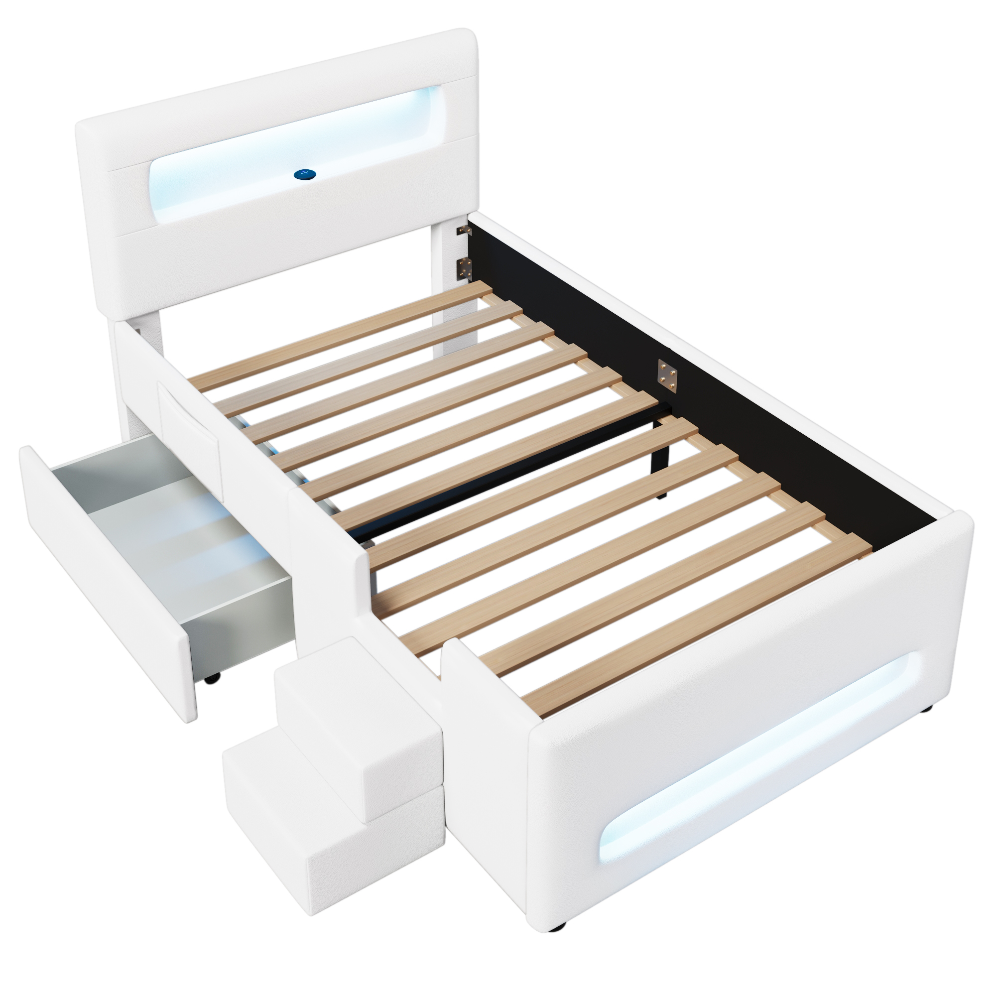 Lit rembourré 90 x 200 cm, escalier, 1 tiroir, éclairage LED, port USB, MDF, blanc, 218 x 97 x 95 cm - spécifications 1