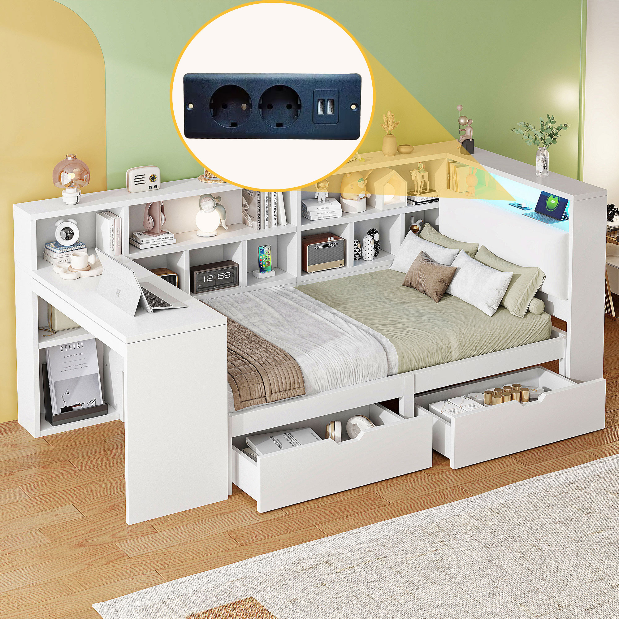 Lit / lit de chambre 90 x 200 cm avec éclairage LED, port USB / Type-C, rangements intégrés, bureau intégré, blanc - présentation 1