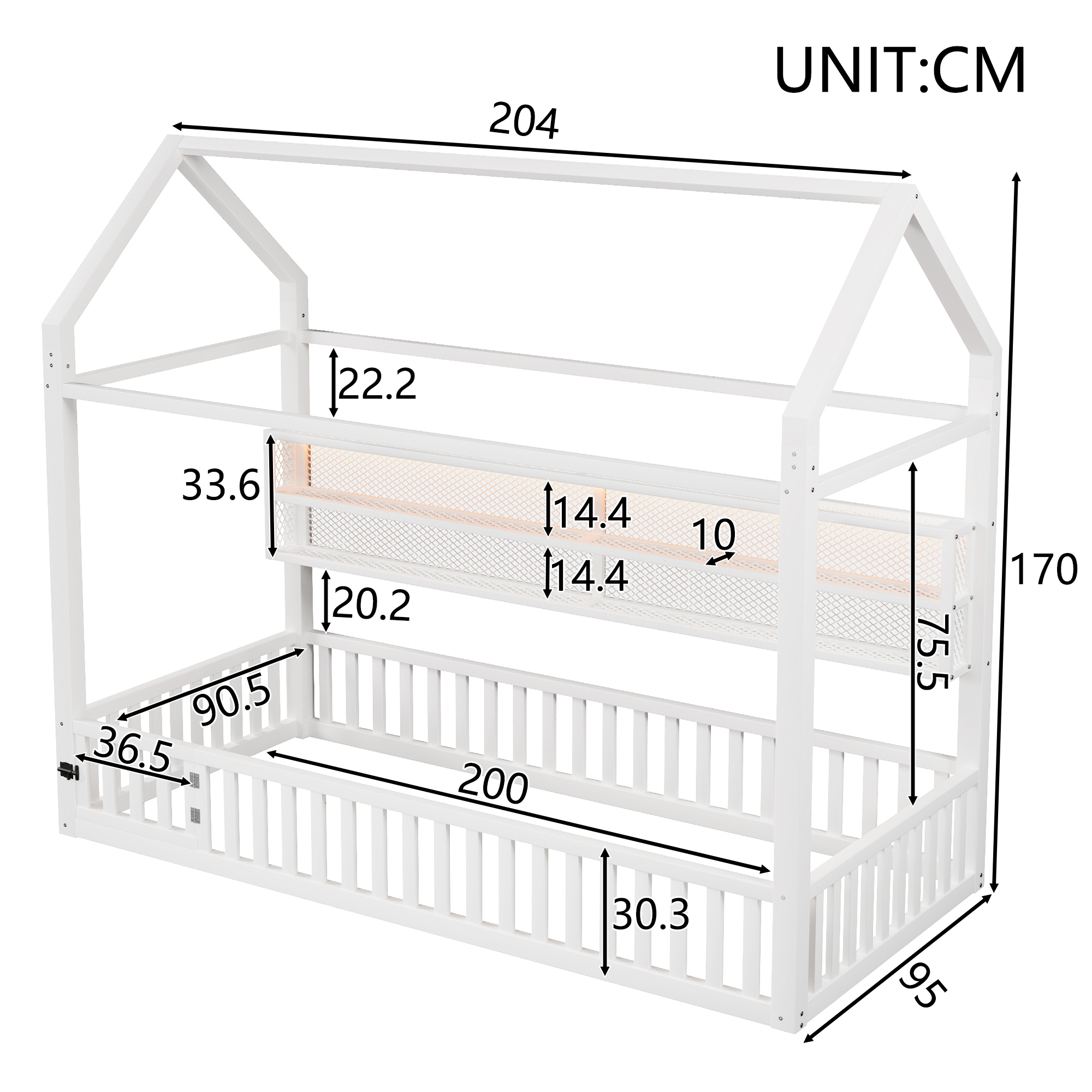 Lit plateforme 90 x 200 cm, design cabane, éclairage LED sous le couchage, garde-corps, métal, blanc, 204 x 95 x 170 cm 🏠 - vue complémentaire 1