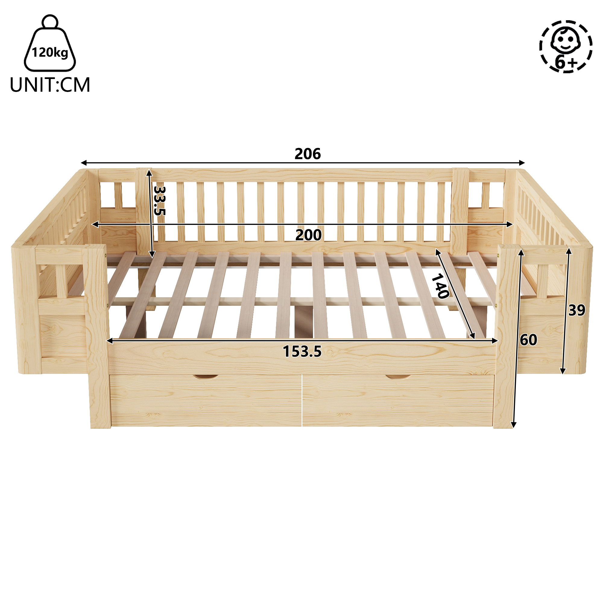 Lit / lit de chambre 140 x 200 cm avec éclairage LED, rangements intégrés, fonction extensible, bois - vue complémentaire 1
