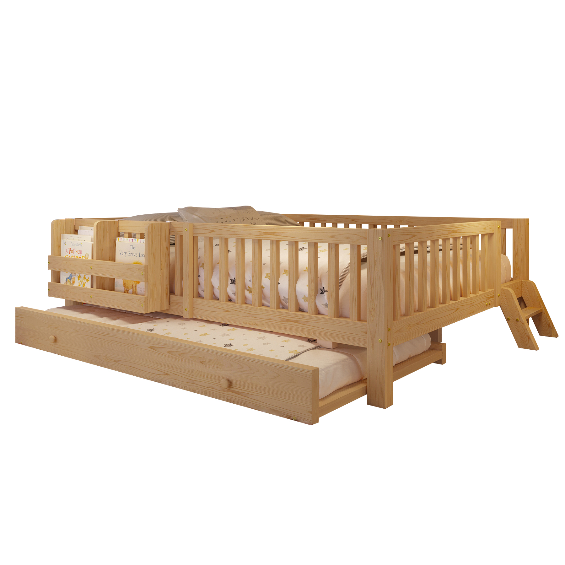 Lit banquette 140x200 cm avec rangement, lit gigogne solid wood, MDF bois naturel - spécifications 1