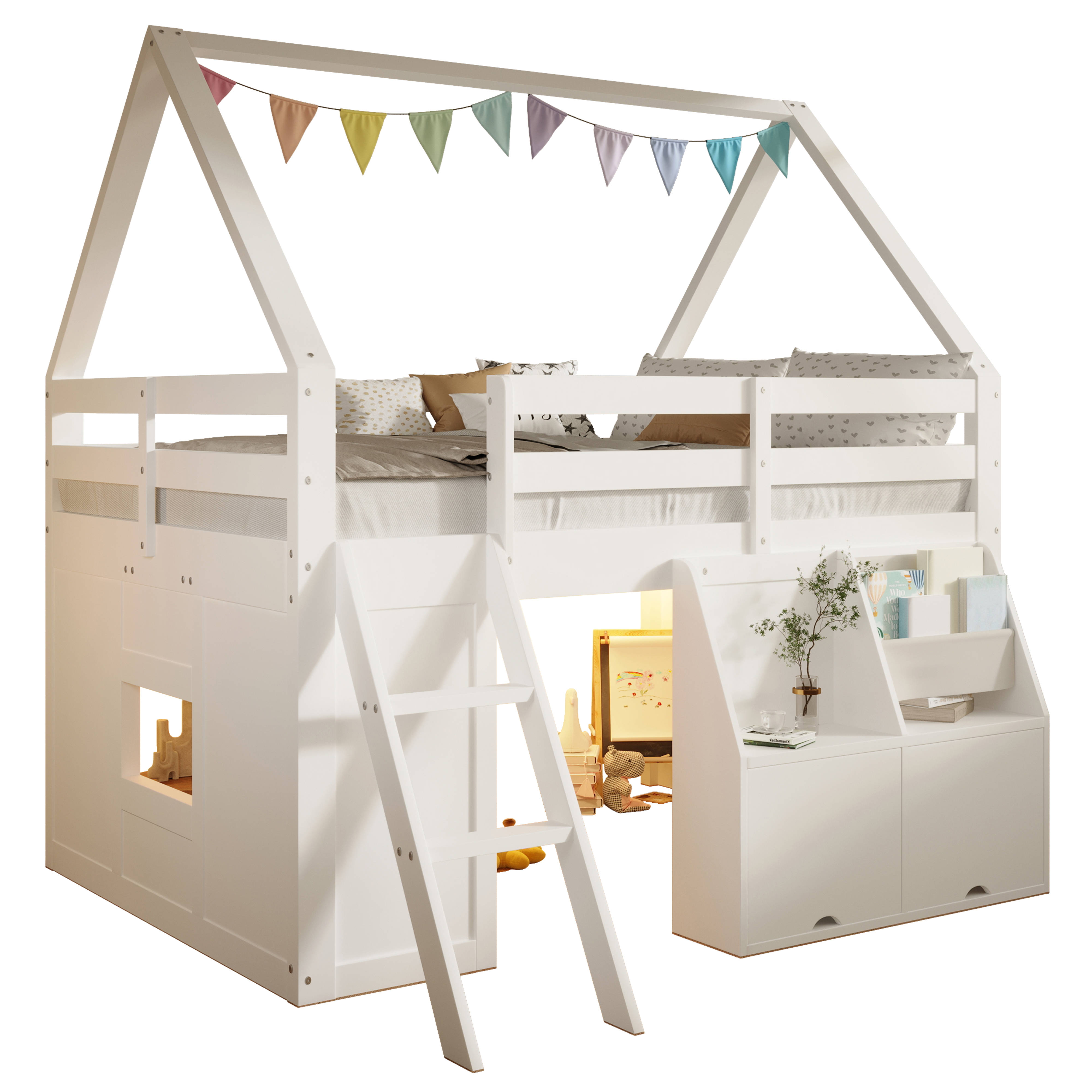 Lit mezzanine 140 x 200 cm avec éclairage LED, rangements intégrés, blanc - points forts 1