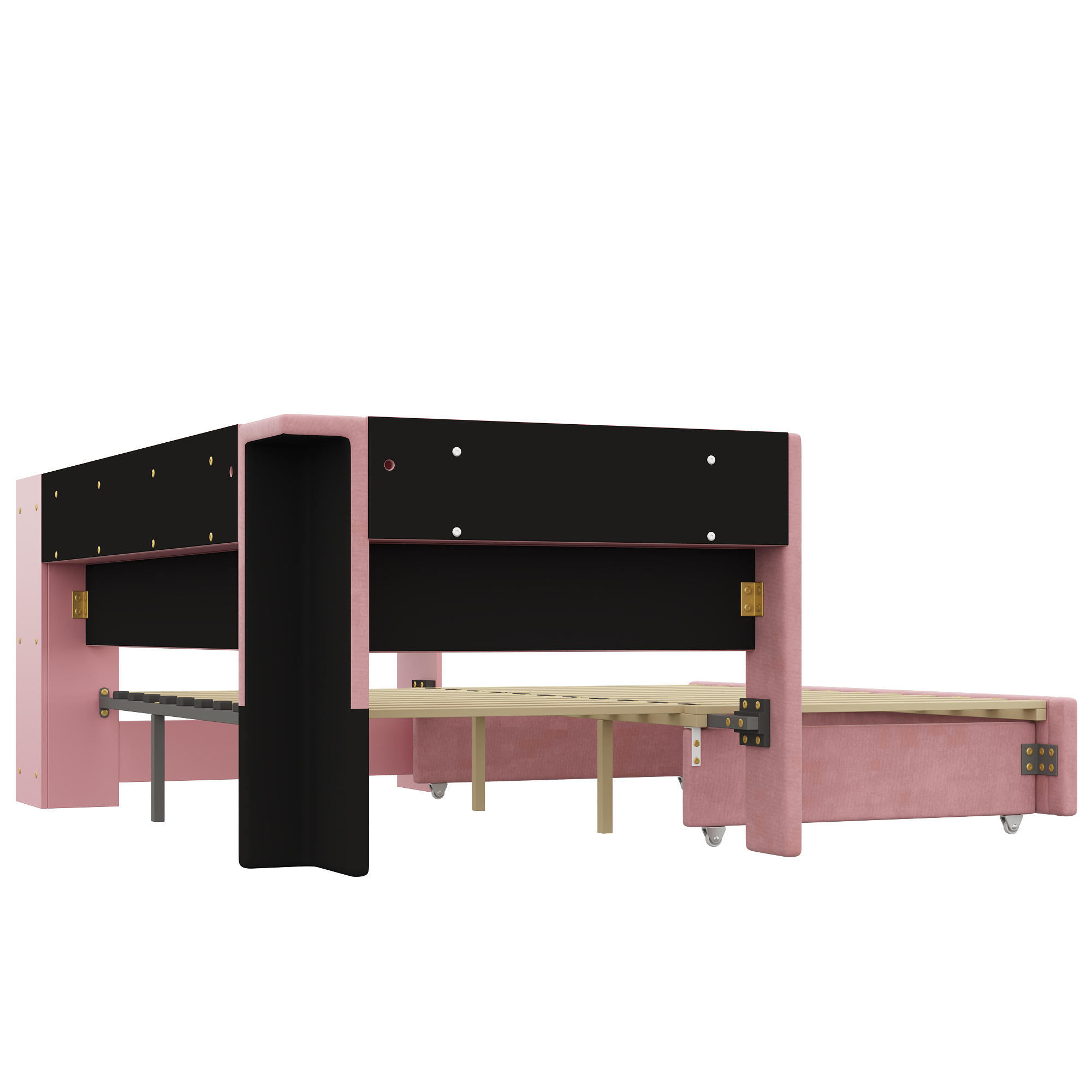Lit banquette 90x200 cm extensible à 180x200 cm,en bois,lit enfant,lit gigogne,rangement intégré,bureau intégré,éclairage LED,port USB,rose