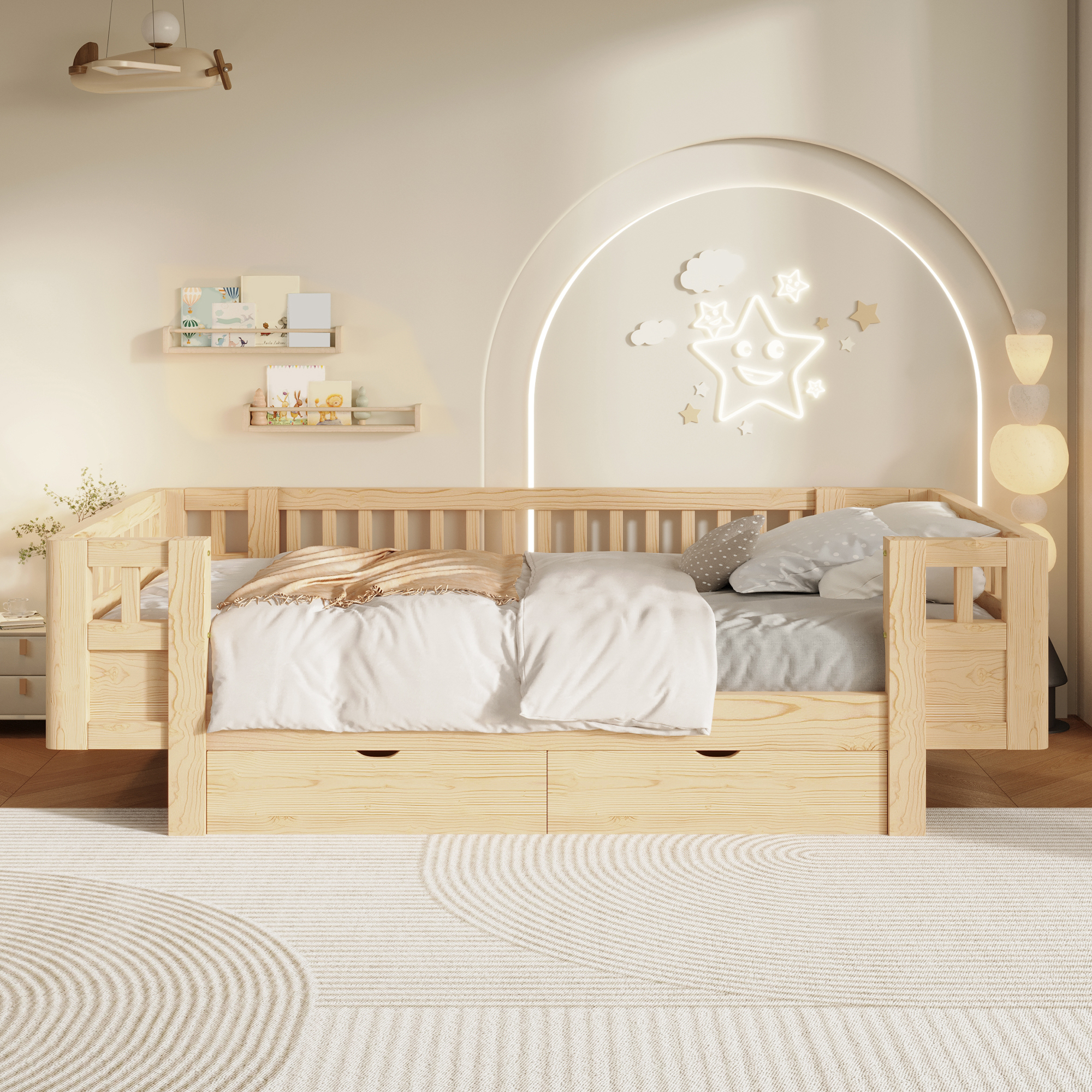 Lit / lit de chambre 90 x 200 cm avec éclairage LED, rangements intégrés, fonction extensible, bois - présentation 1