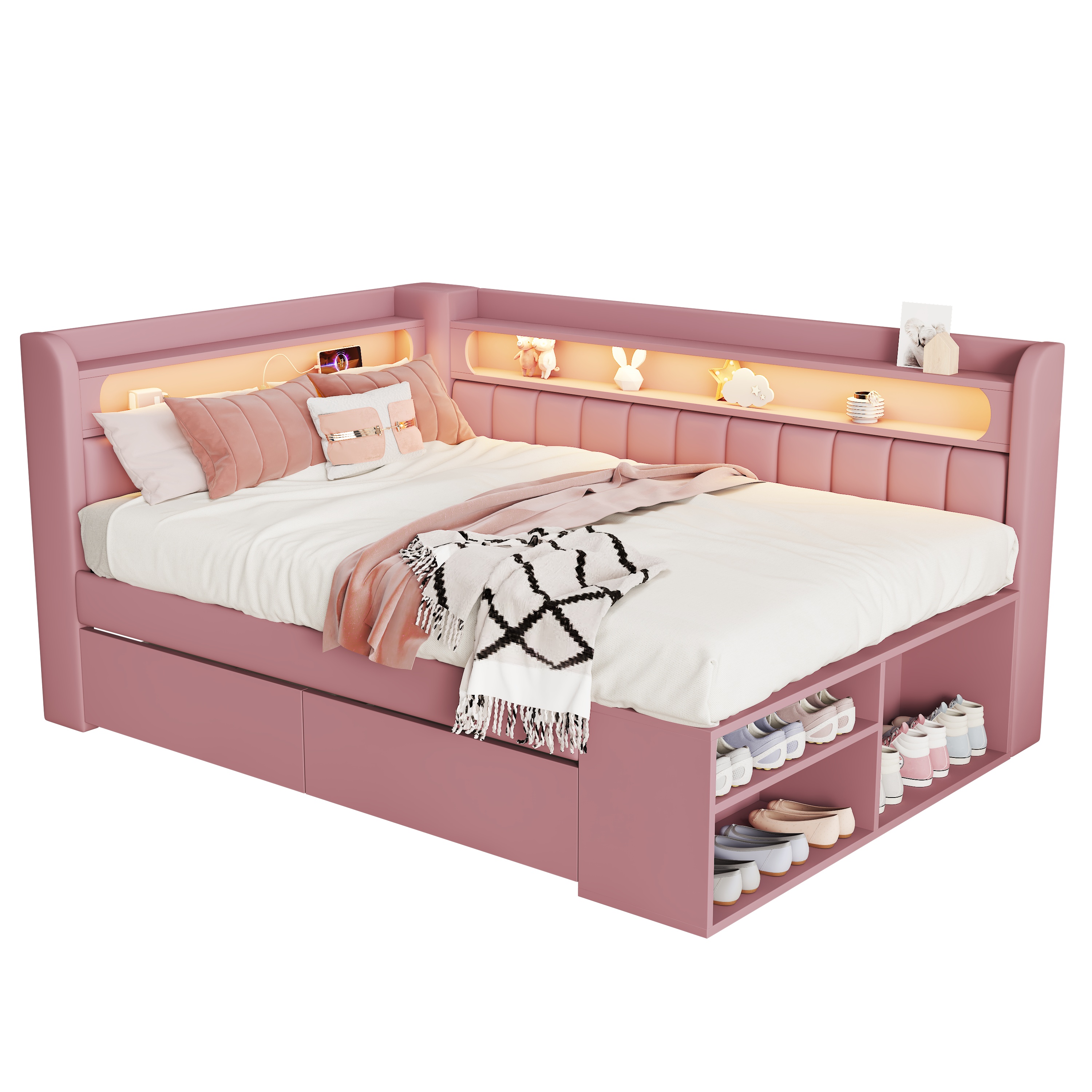 Lit banquette convertible 90x200 cm,en bois,couchage gigogne,bureau intégré,éclairage LED,port USB,rose,lit 1 place,lit avec rangement intégré