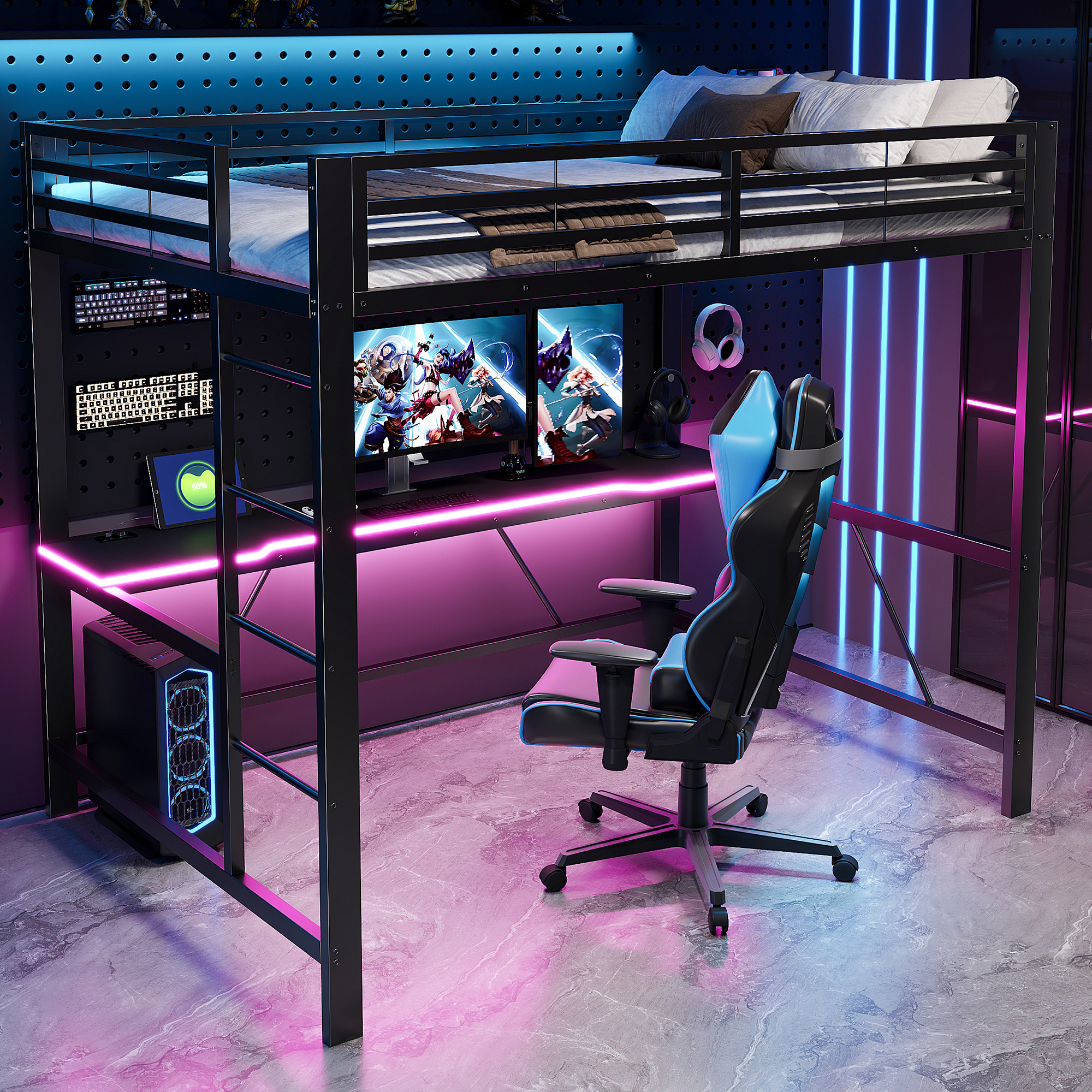 Lit mezzanine 140 x 200 cm, bureau intégré, éclairage LED sous le couchage, port USB, garde-corps, métal, noir, 204 x 145 x 180 cm - vue principale 1