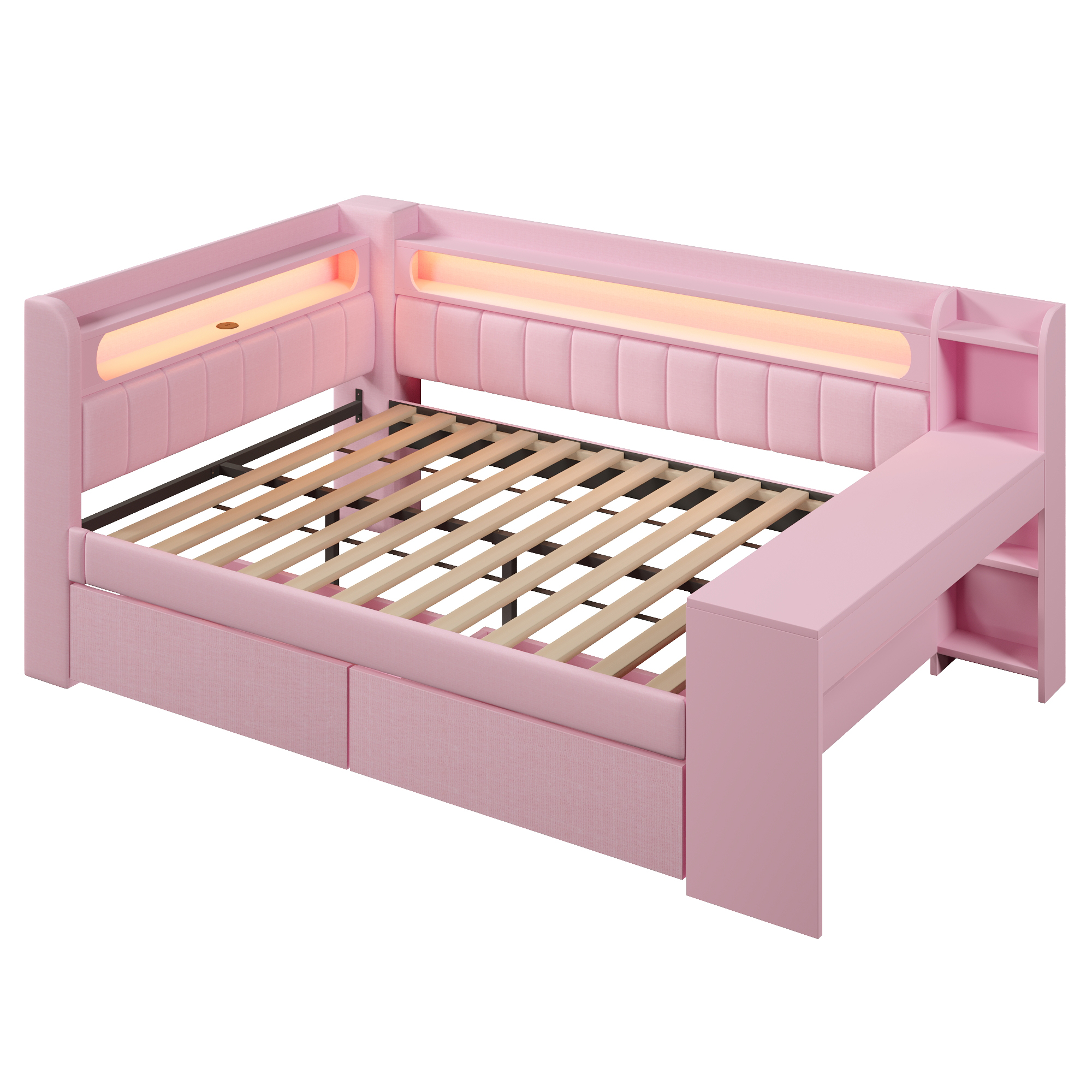 Lit banquette 140x200 cm,en bois,tiroirs de rangement,bureau intégré,éclairage LED,port USB,rose,lit 2 places,lit avec rangement intégré