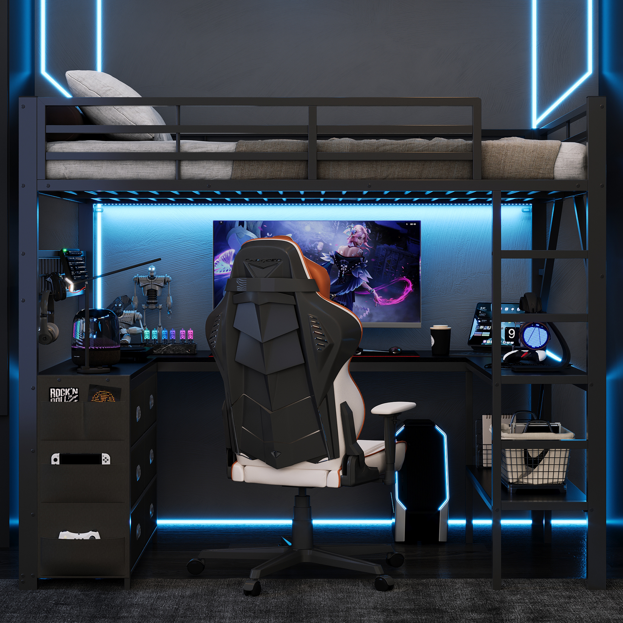 Lit Superposé Gaming 140×200 cm – Bureau & Rangements Multiples – Design gain de place – bureau en U et rangements intégrés