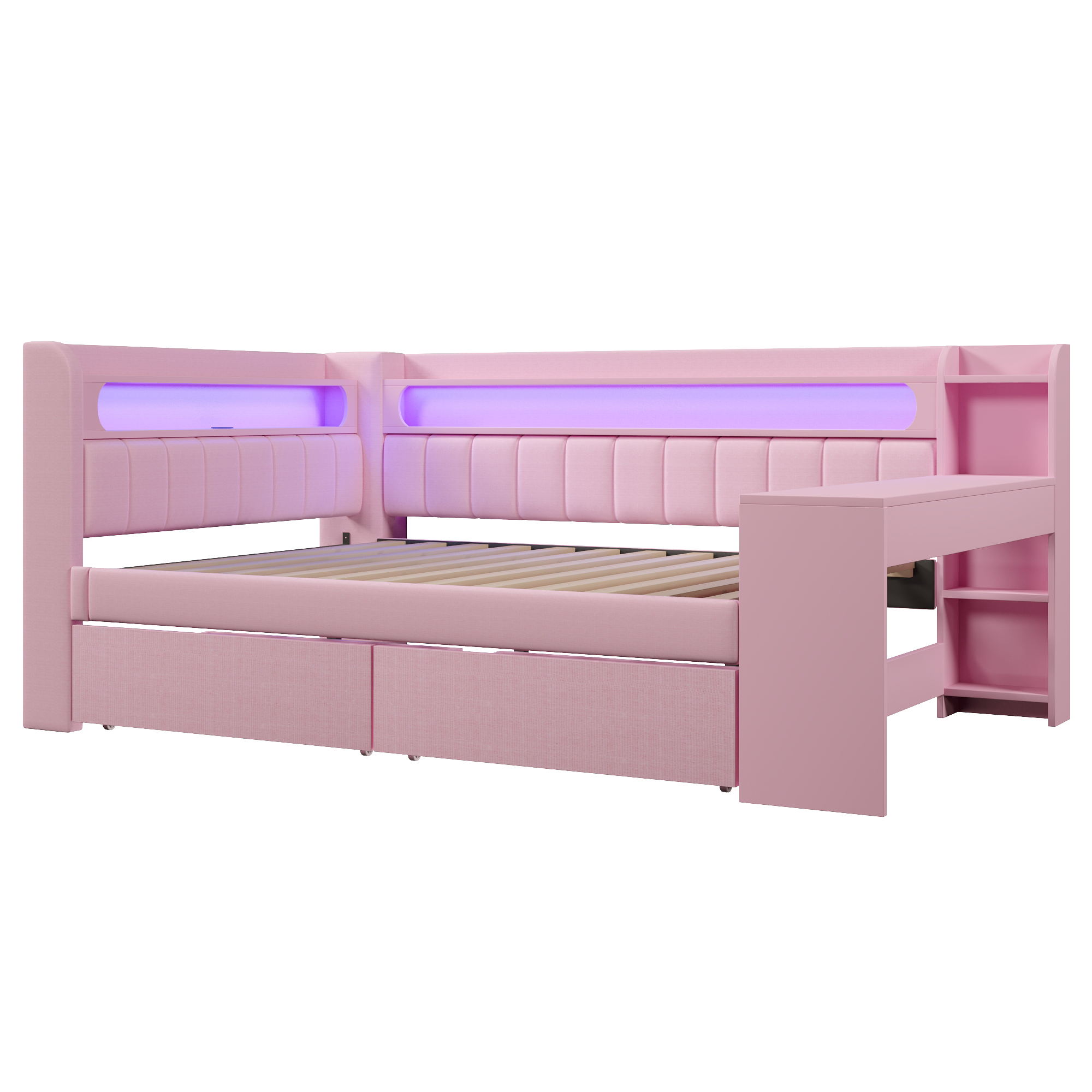 Lit banquette 140x200 cm,en bois,tiroirs de rangement,bureau intégré,éclairage LED,port USB,rose,lit 2 places,lit avec rangement intégré
