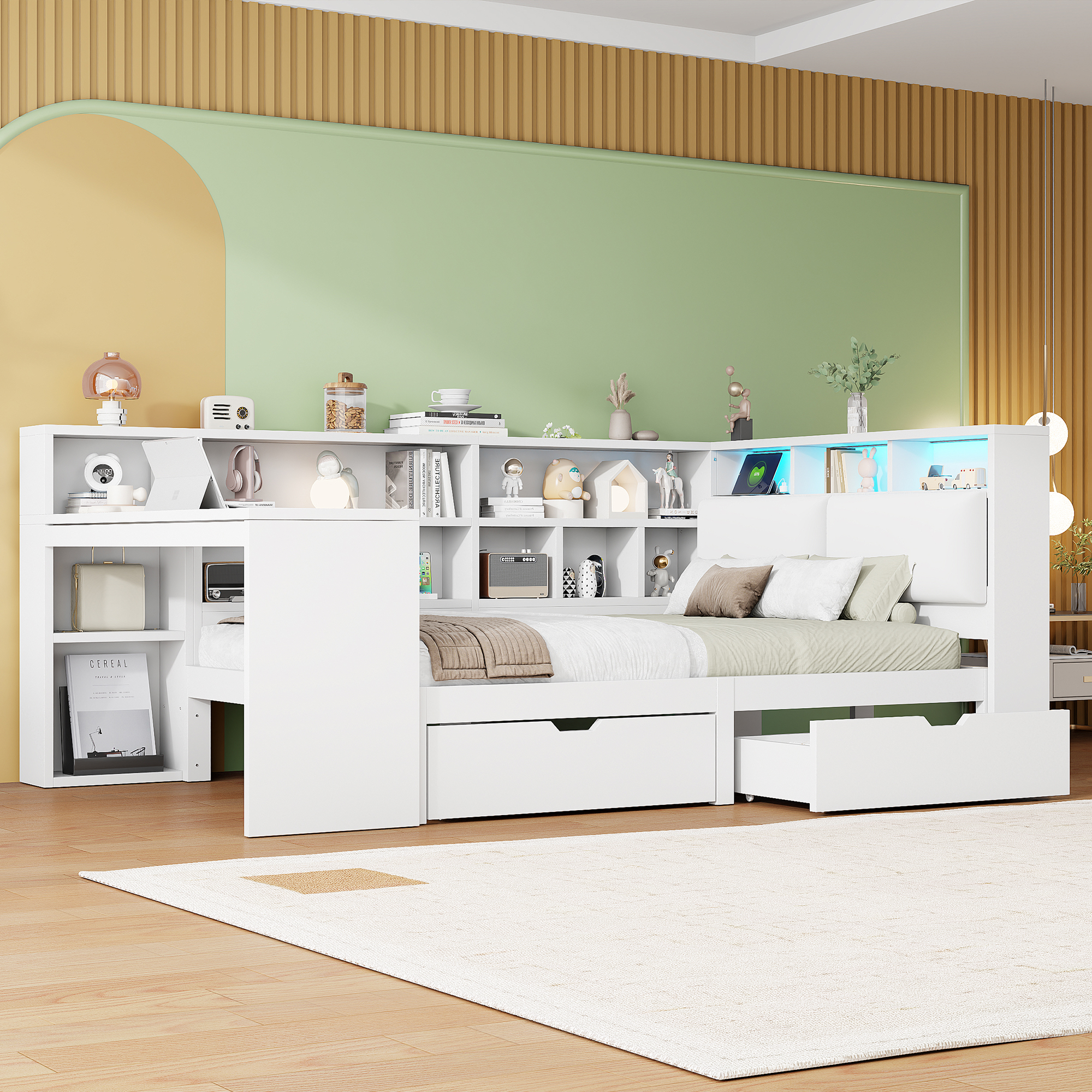Lit / lit de chambre 140 x 200 cm avec éclairage LED, port USB / Type-C, rangements intégrés, bureau intégré, blanc - présentation 1