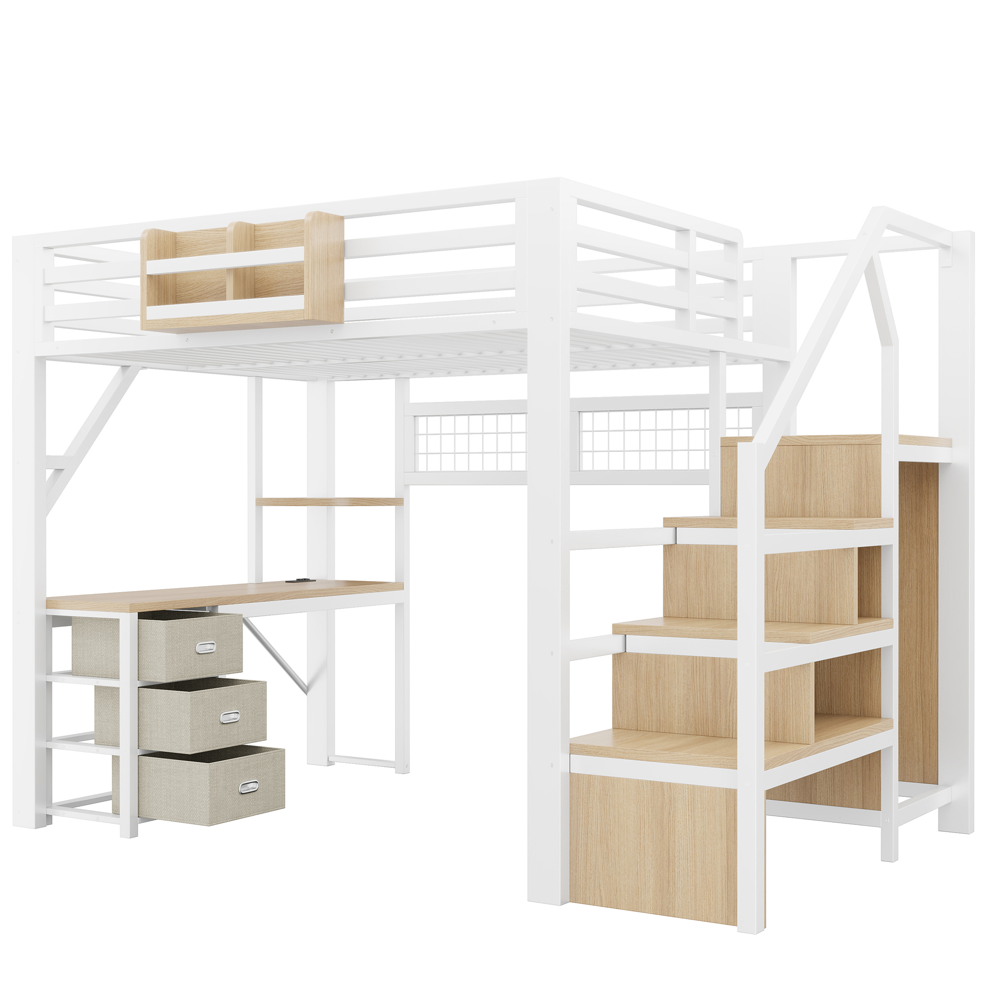 Lit mezzanine 140 x 200 cm, bureau intégré, escalier de rangement, penderie intégrée, 3 tiroirs, métal, blanc, 255 x 145 x 170 cm - points forts 1