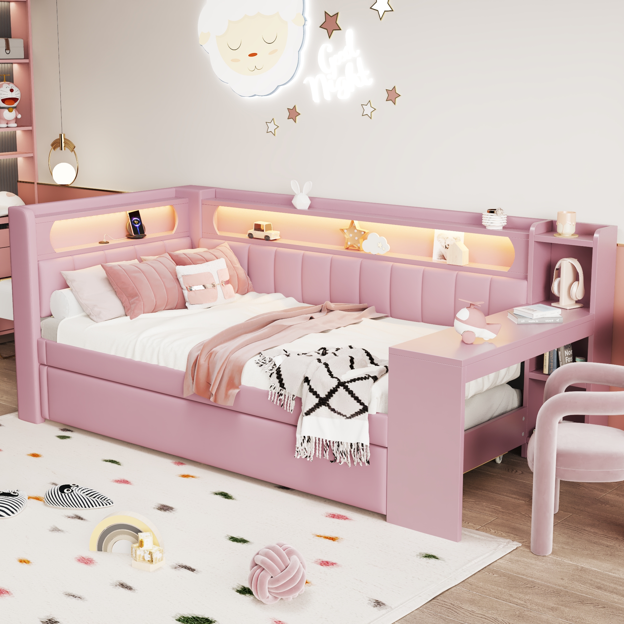 Lit banquette 90x200 cm,en bois,lit gigogne,rangement intégré,bureau intégré,éclairage LED,port USB,rose,lit 1 place