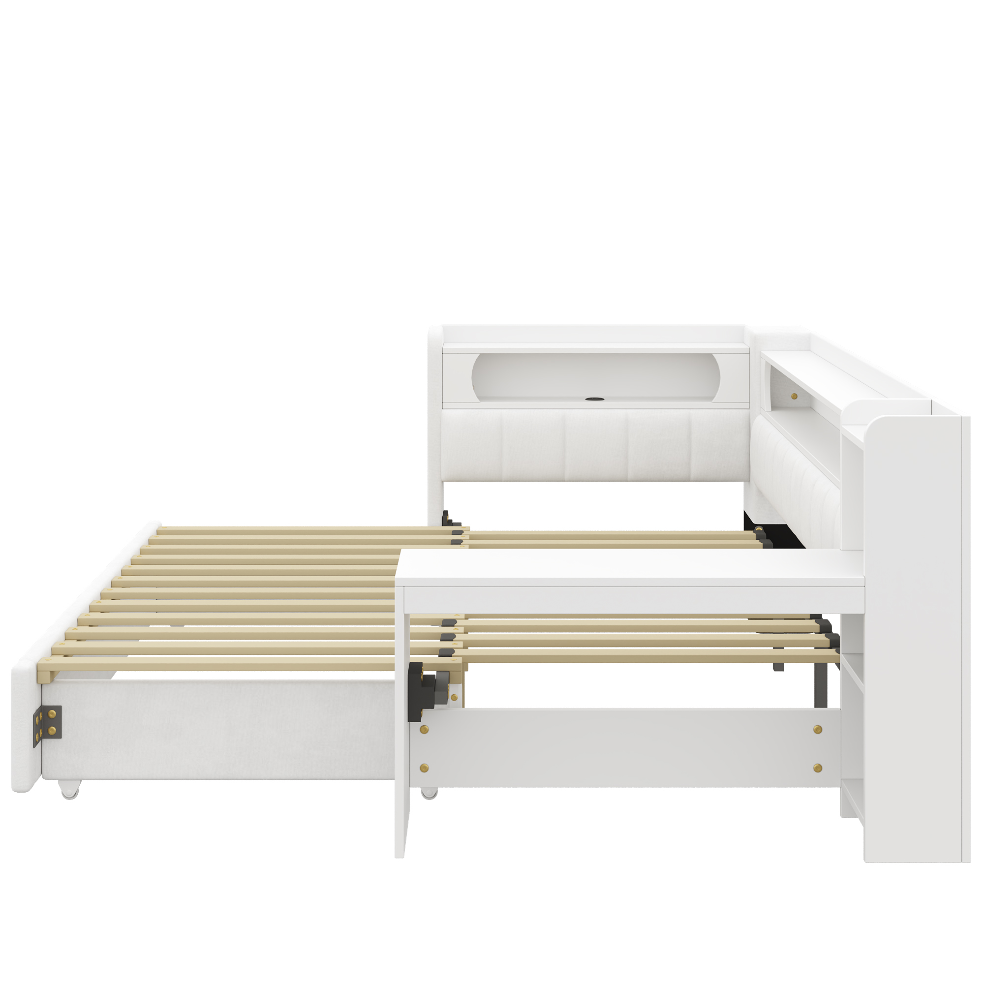 Lit banquette 90x200 cm extensible à 180x200 cm,en bois,lit enfant,lit gigogne,rangement intégré,bureau intégré,éclairage LED,port USB,blanc