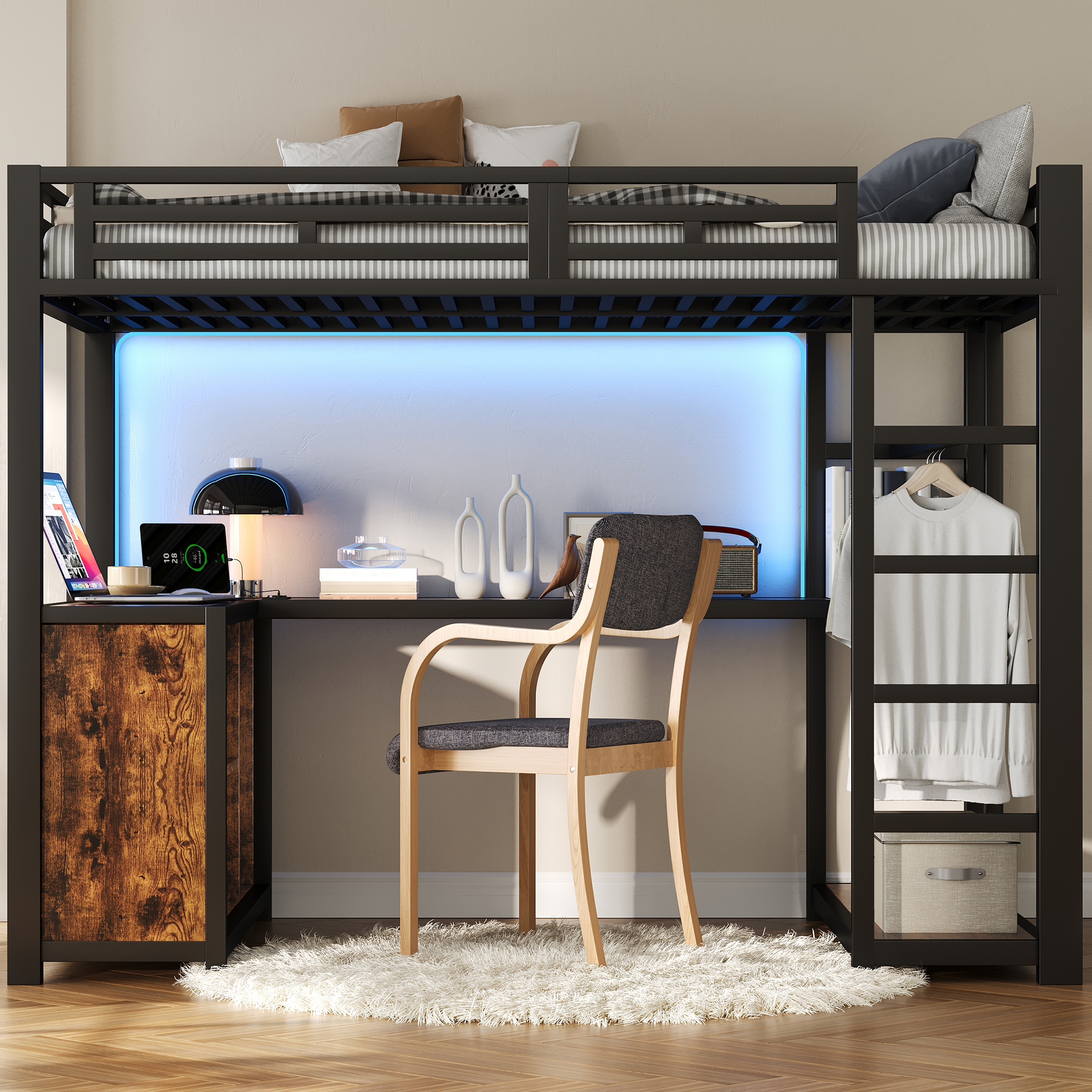 Lit mezzanine métal 140x200 noir bureau LED