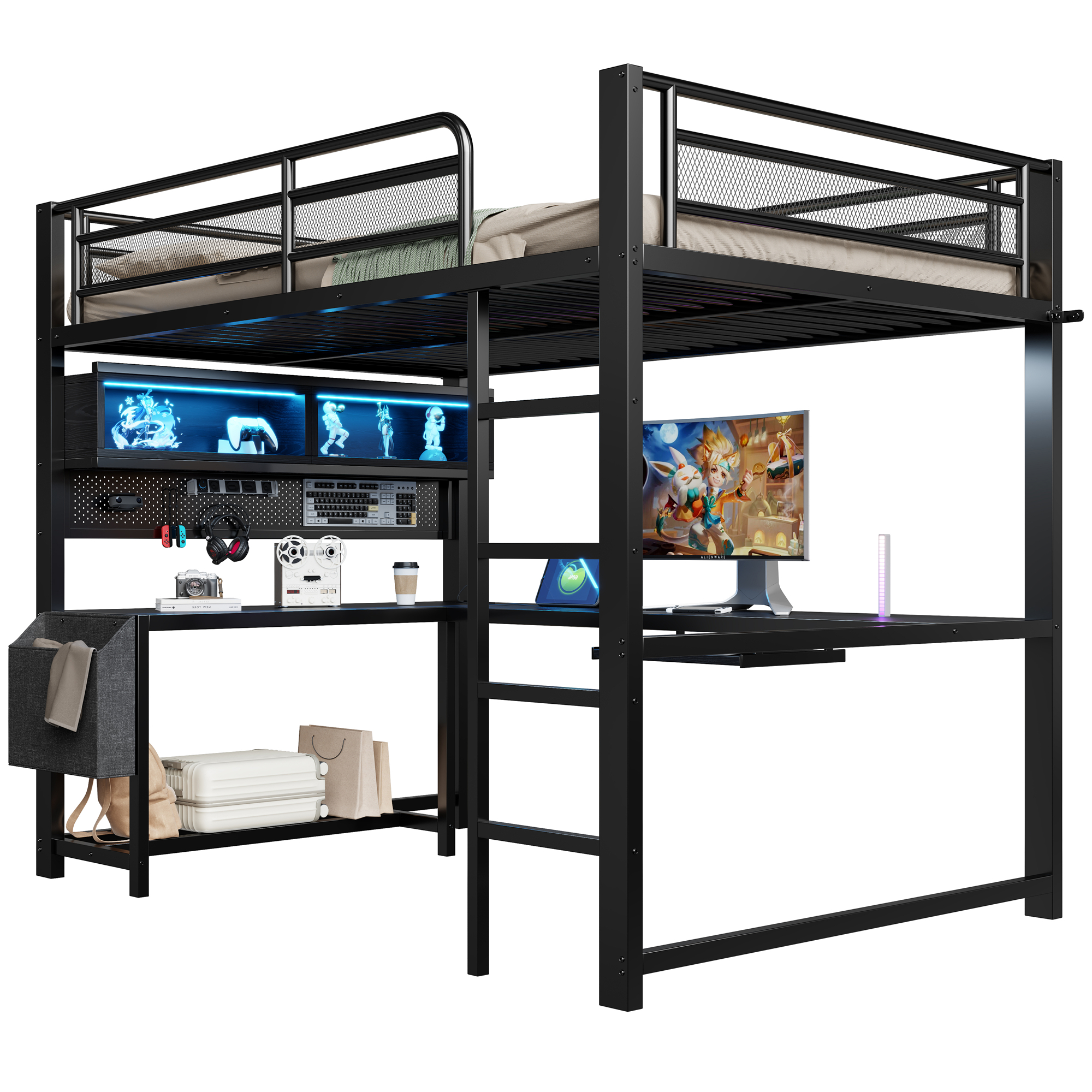 Détail lit mezzanine gaming noir LED et chargeur