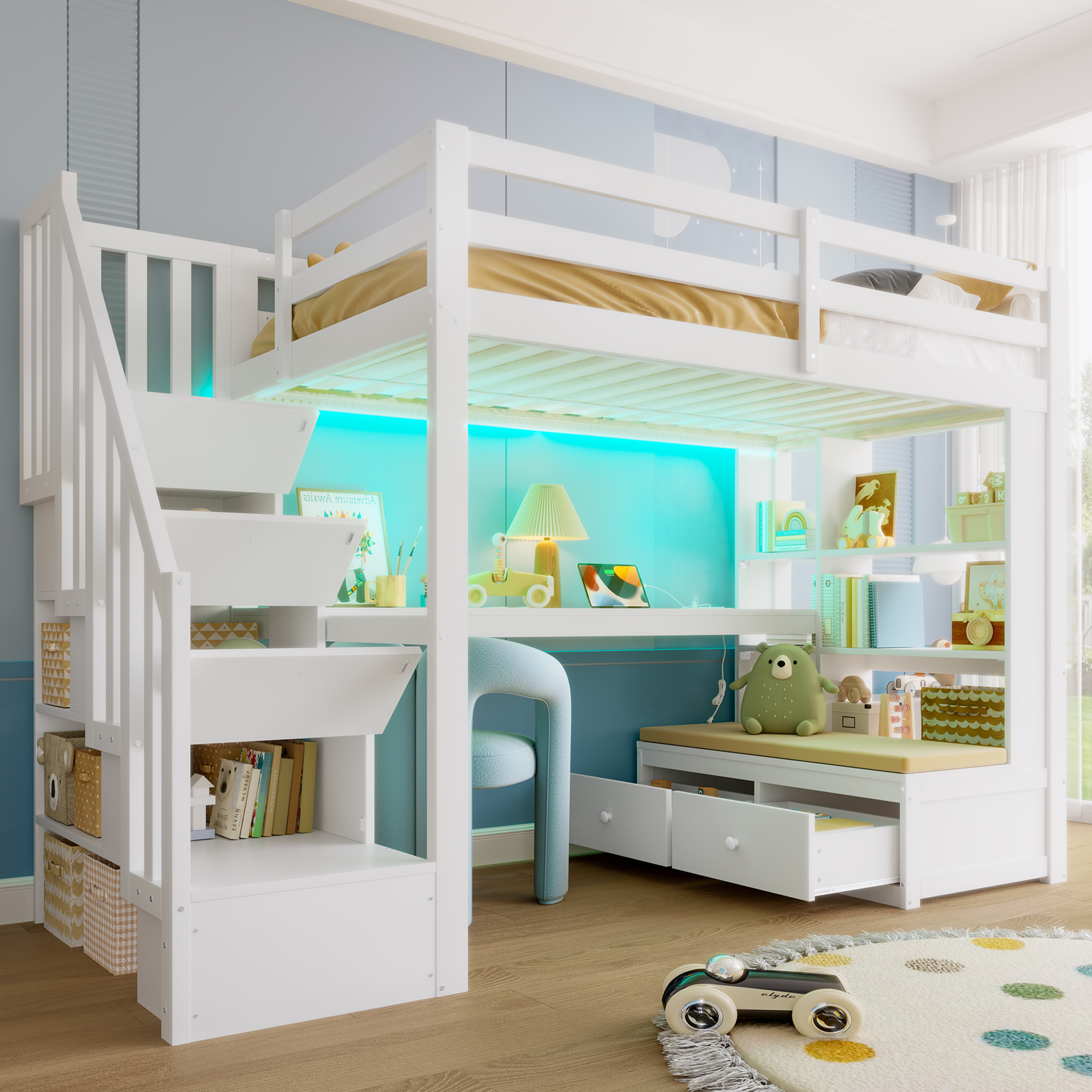 Lit mezzanine enfant blanc avec bureau et rangement