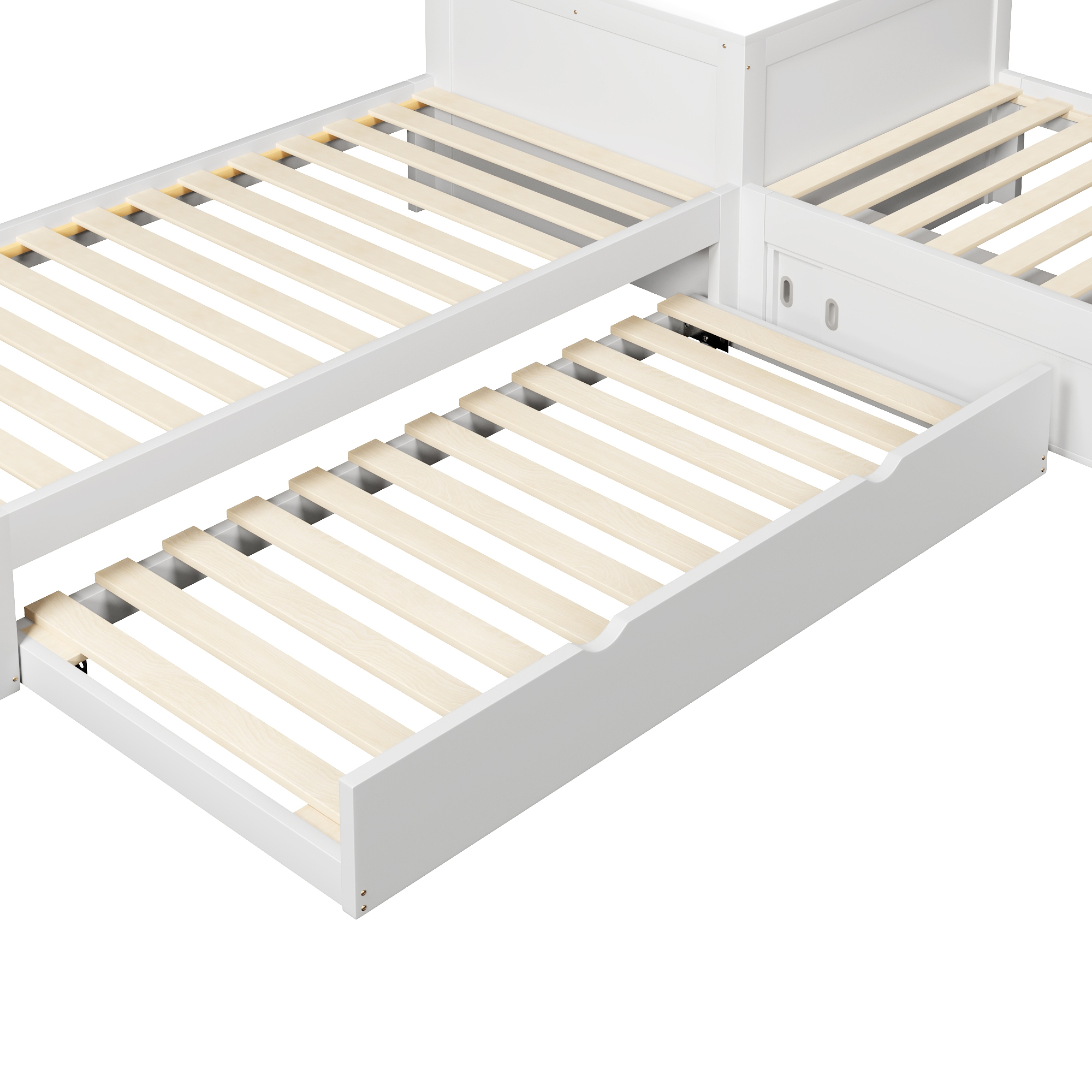 Lit plateforme 90x200 cm,en bois,lit enfant,lit gigogne,rangement à portes coulissantes,éclairage LED,blanc