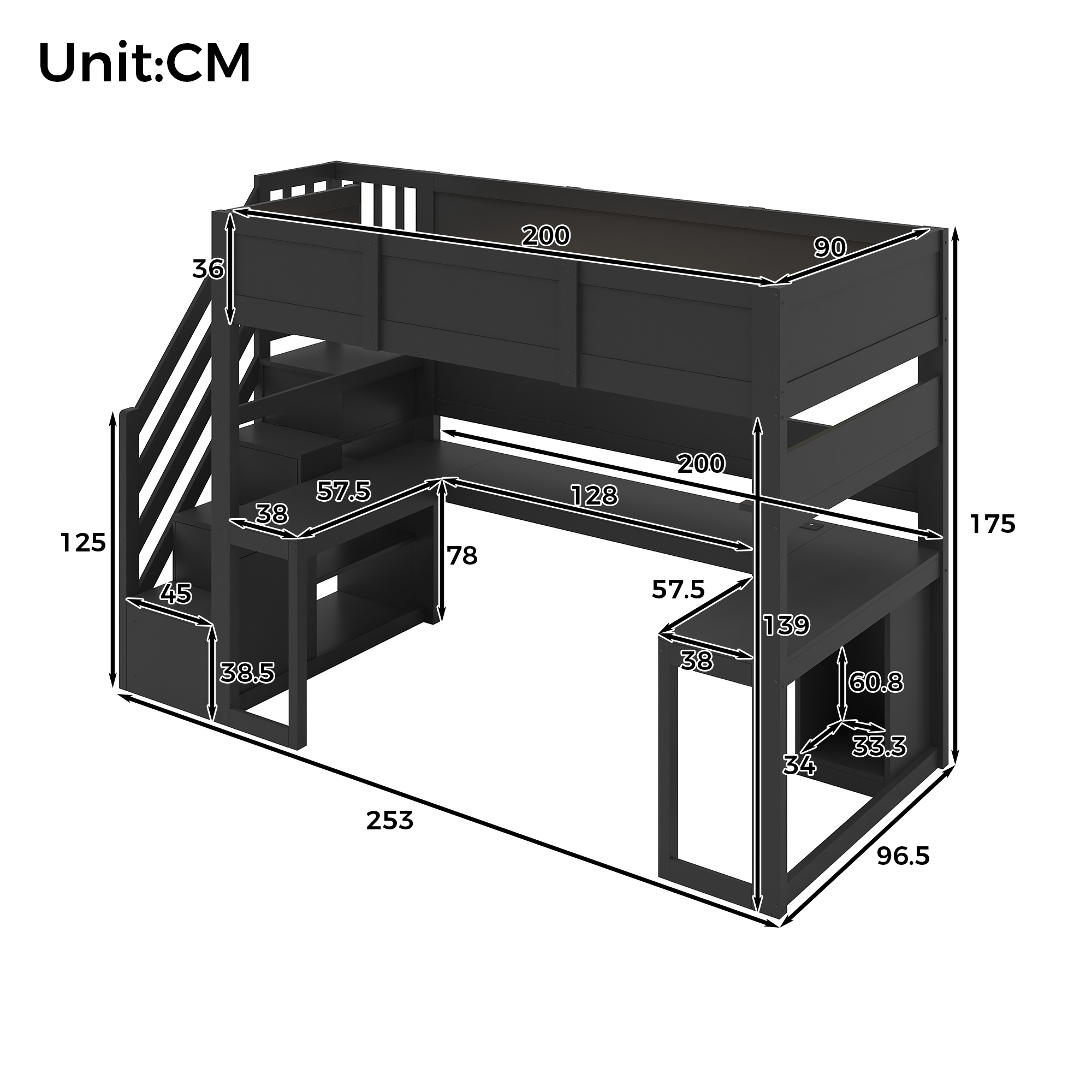 Lit Mezzanine Gaming 90×200 cm – Bureau, LED et Rangements Intégrés – Structure en bois stable et sécurisée