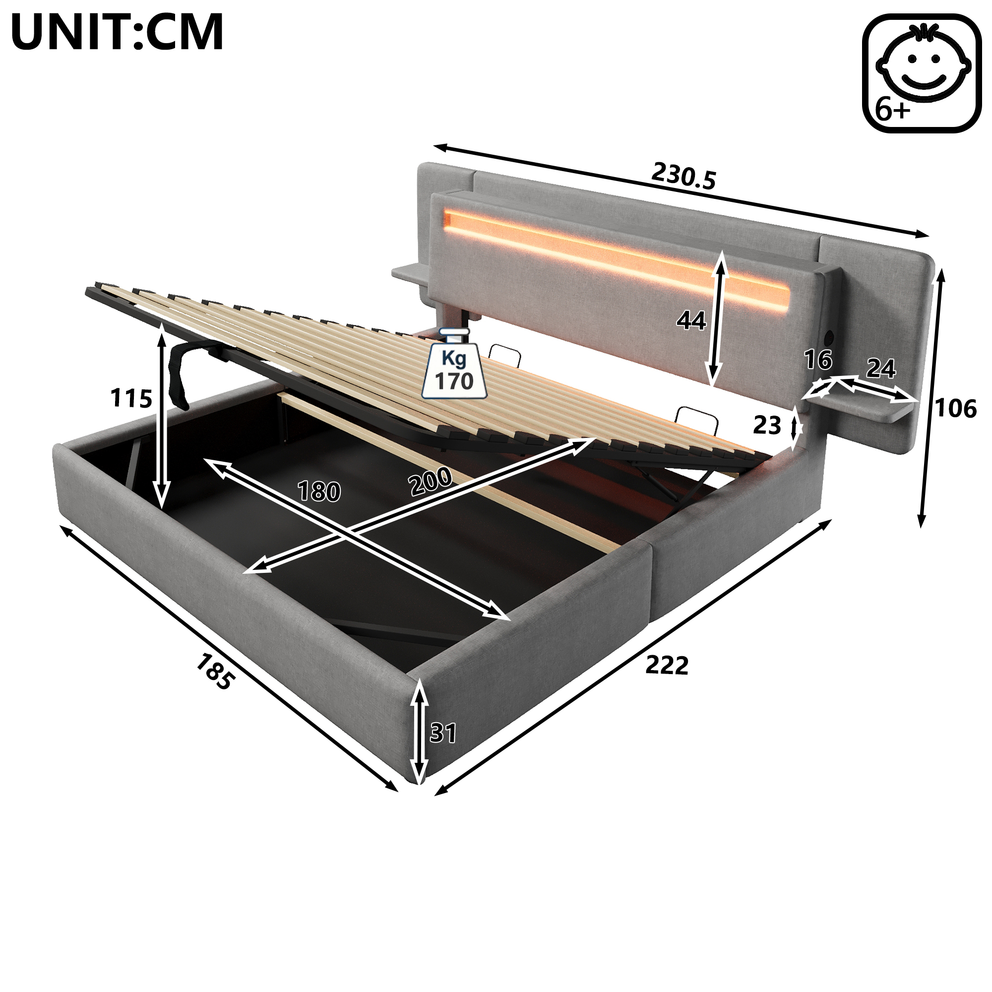 Détails lit coffre 180x200 cm gris avec tête de lit LED et rangement