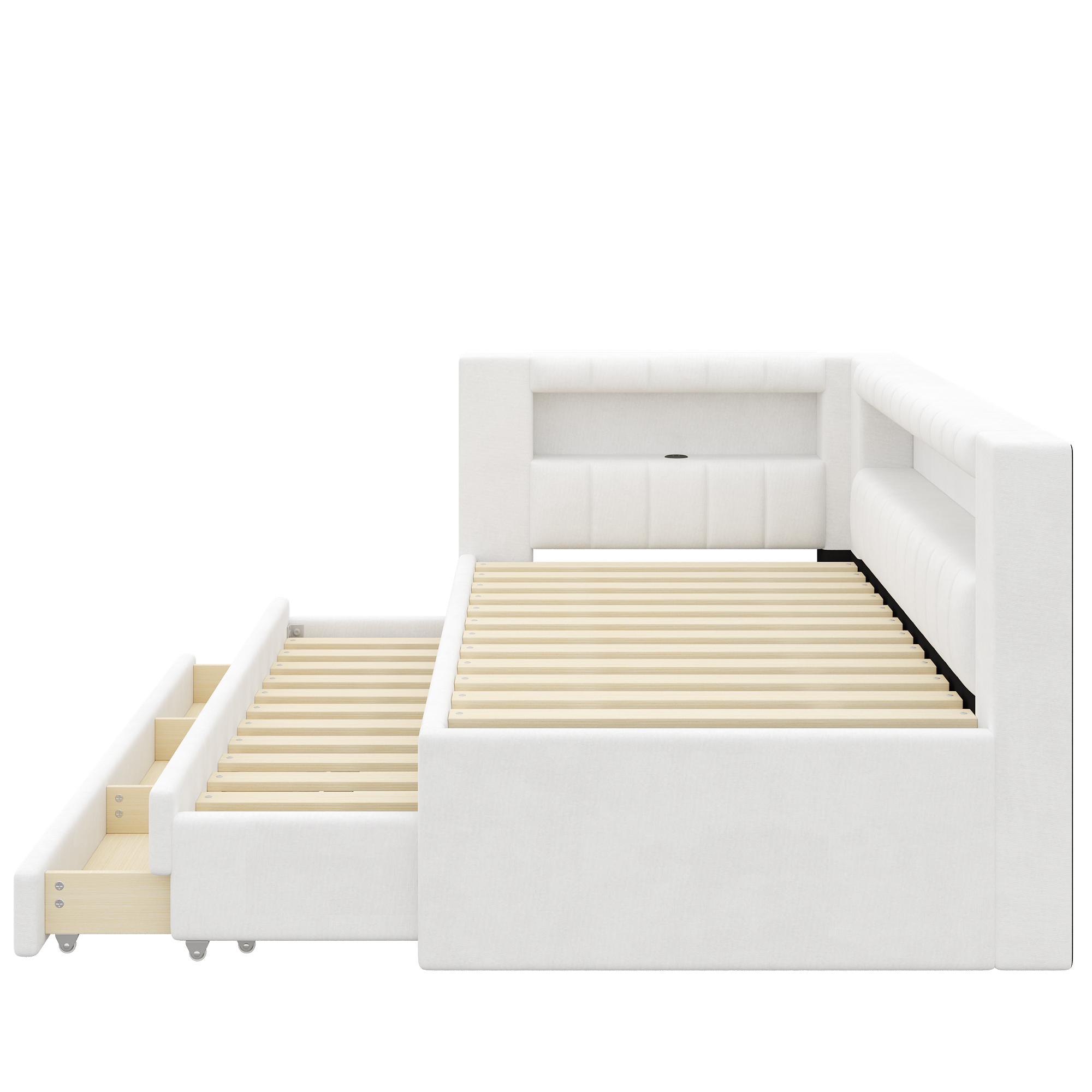 Lit banquette 90x200 cm,en bois,lit gigogne,éclairage LED,port USB,blanc,lit 1 place
