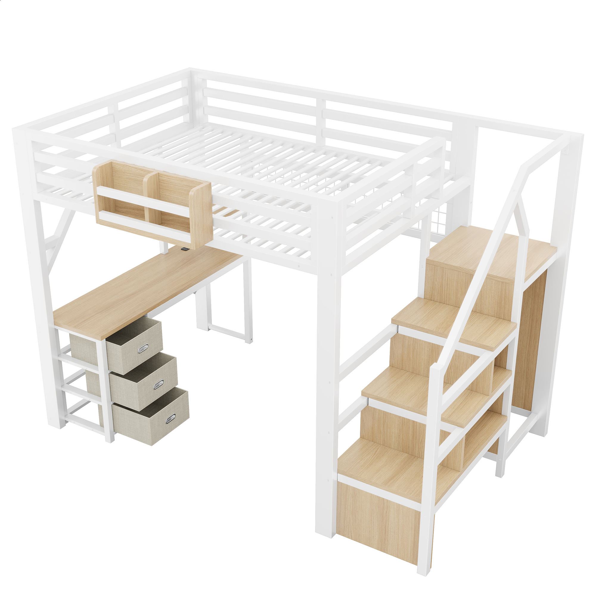 Lit mezzanine 140 x 200 cm, bureau intégré, escalier de rangement, penderie intégrée, 3 tiroirs, métal, blanc, 255 x 145 x 170 cm - spécifications 1