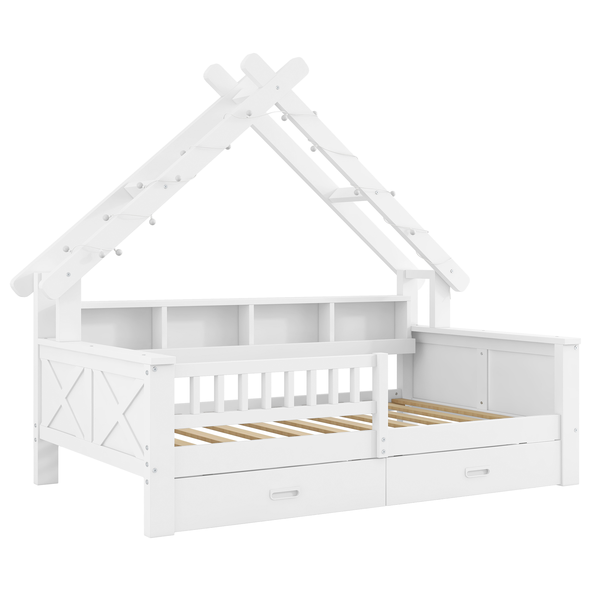 Lit cabane 90x200 cm,en bois,lit enfant,tiroirs de rangement,éclairage LED,port USB,blanc,lit avec rangement intégré