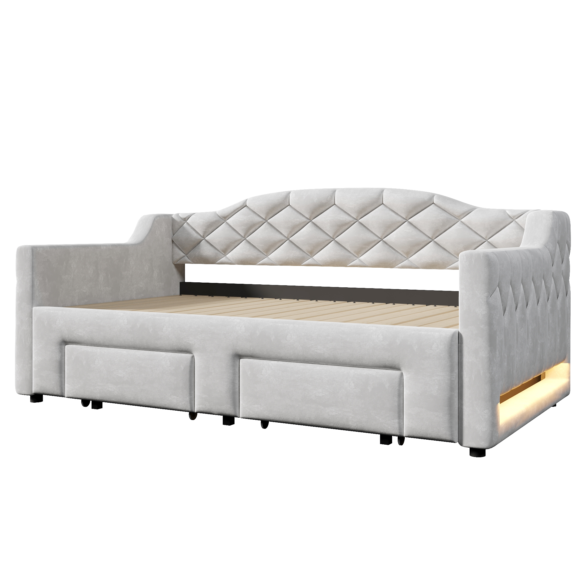 Lit banquette convertible 90x200 cm extensible à 180x200 cm,en bois,lit enfant,couchage gigogne,éclairage LED,gris