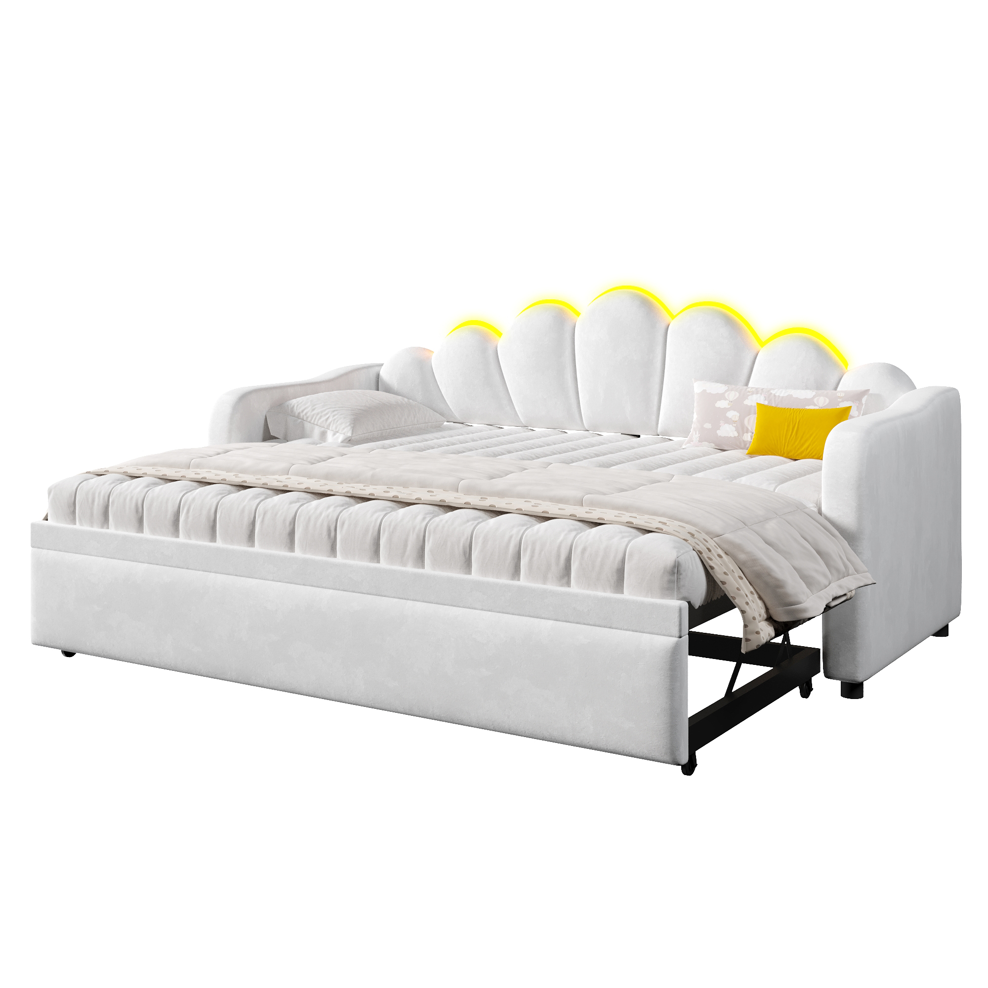 Lit banquette 90x200 cm,en bois,lit gigogne,éclairage LED,blanc,lit 1 place