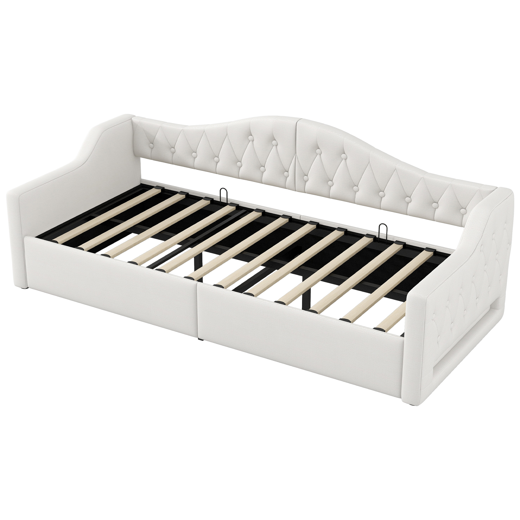 Lit banquette convertible 90x200 cm,en bois,couchage gigogne,rangement intégré,éclairage LED,beige,lit 1 place,lit avec rangement intégré