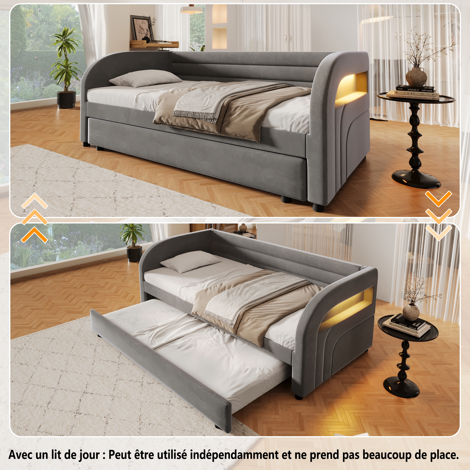 Lit gigogne gris avec couchage d’appoint extractible