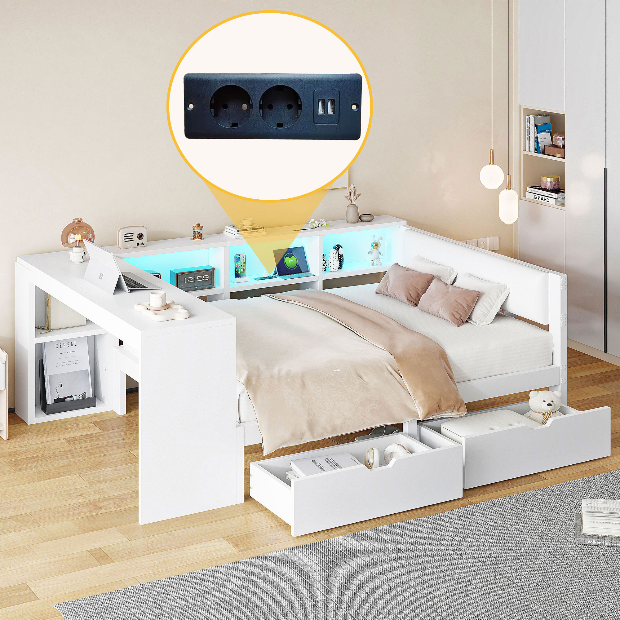 Lit / lit de chambre 140 x 200 cm avec éclairage LED, port USB / Type-C, prises intégrées, rangements intégrés, blanc - présentation 1