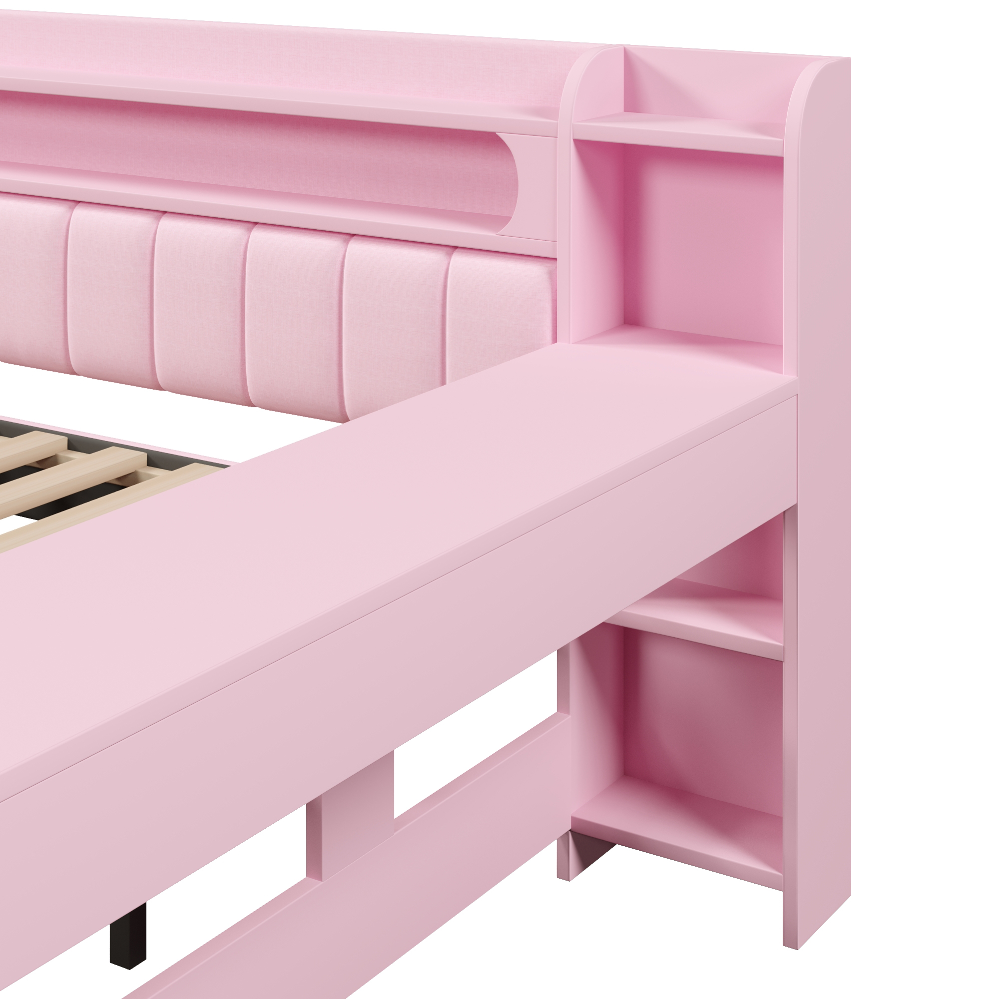 Lit banquette 140x200 cm,en bois,lit gigogne,rangement intégré,bureau intégré,éclairage LED,port USB,rose,lit 2 places