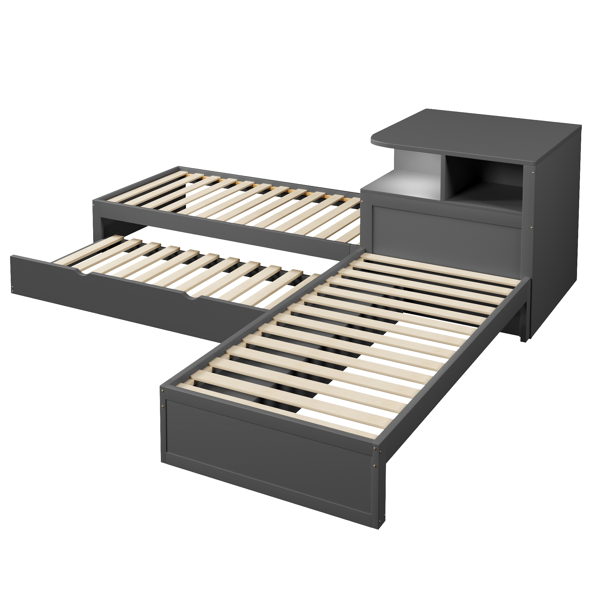 Lit plateforme 90x200 cm,en bois,lit enfant,lit gigogne,rangement à portes coulissantes,éclairage LED,gris