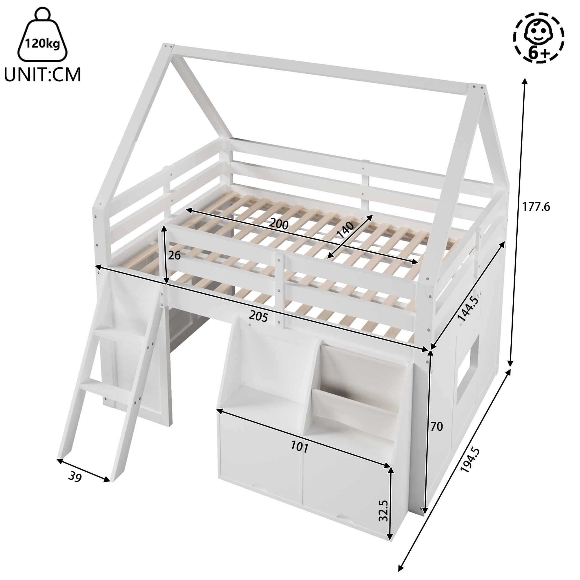 Lit mezzanine 140 x 200 cm avec éclairage LED, rangements intégrés, blanc - vue complémentaire 1