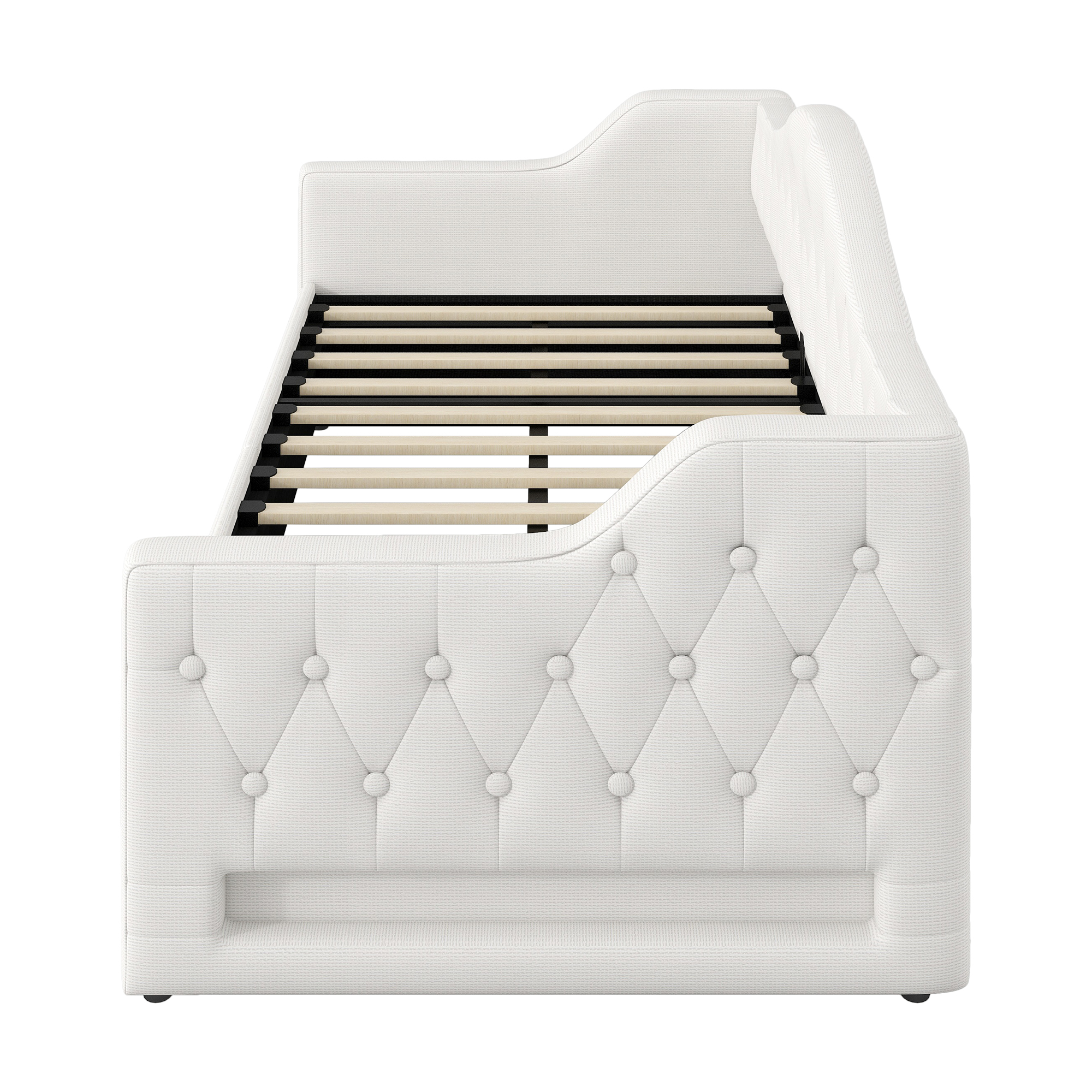 Lit banquette convertible 90x200 cm,en bois,couchage gigogne,rangement intégré,éclairage LED,beige,lit 1 place,lit avec rangement intégré