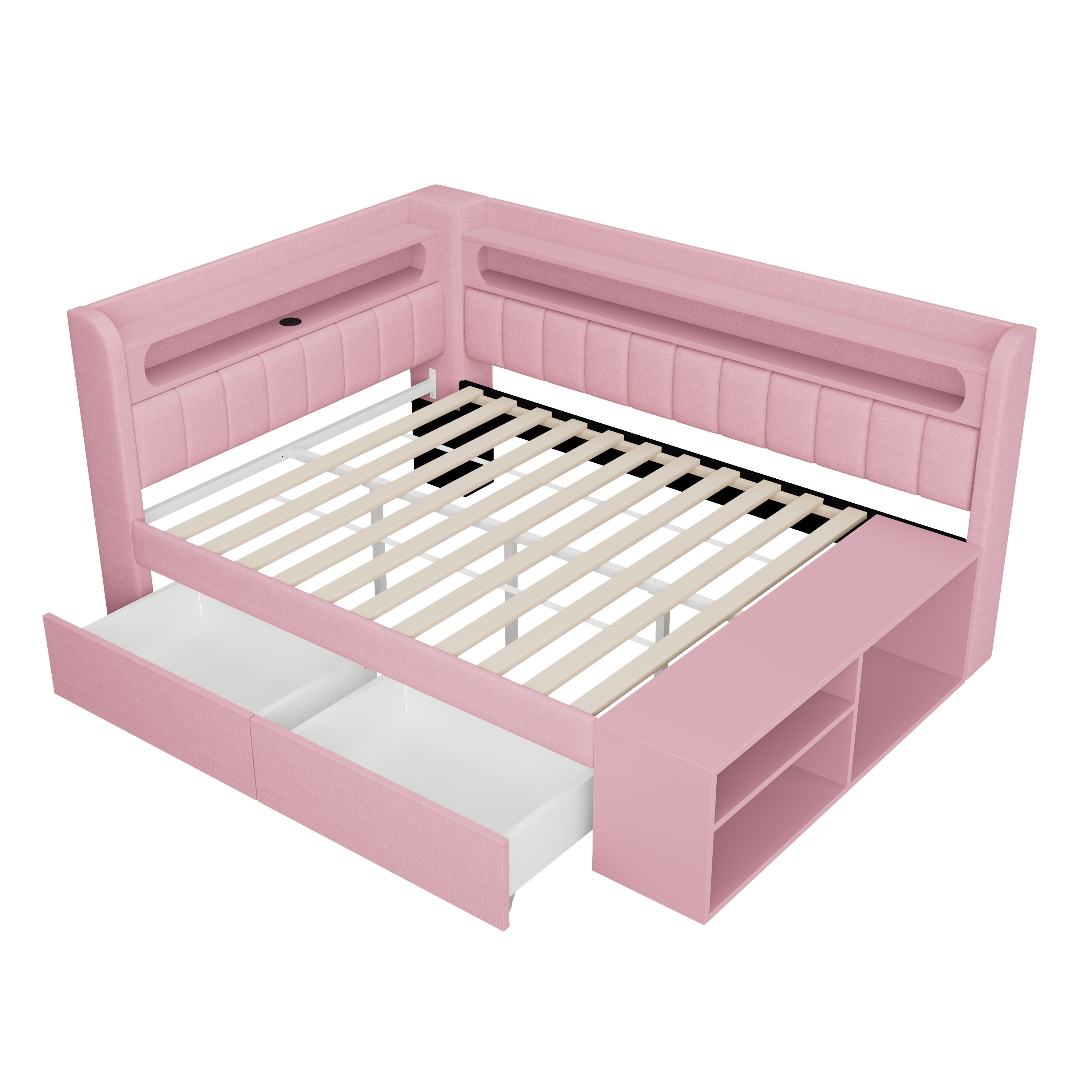 Lit banquette convertible 90x200 cm,en bois,couchage gigogne,bureau intégré,éclairage LED,port USB,rose,lit 1 place,lit avec rangement intégré