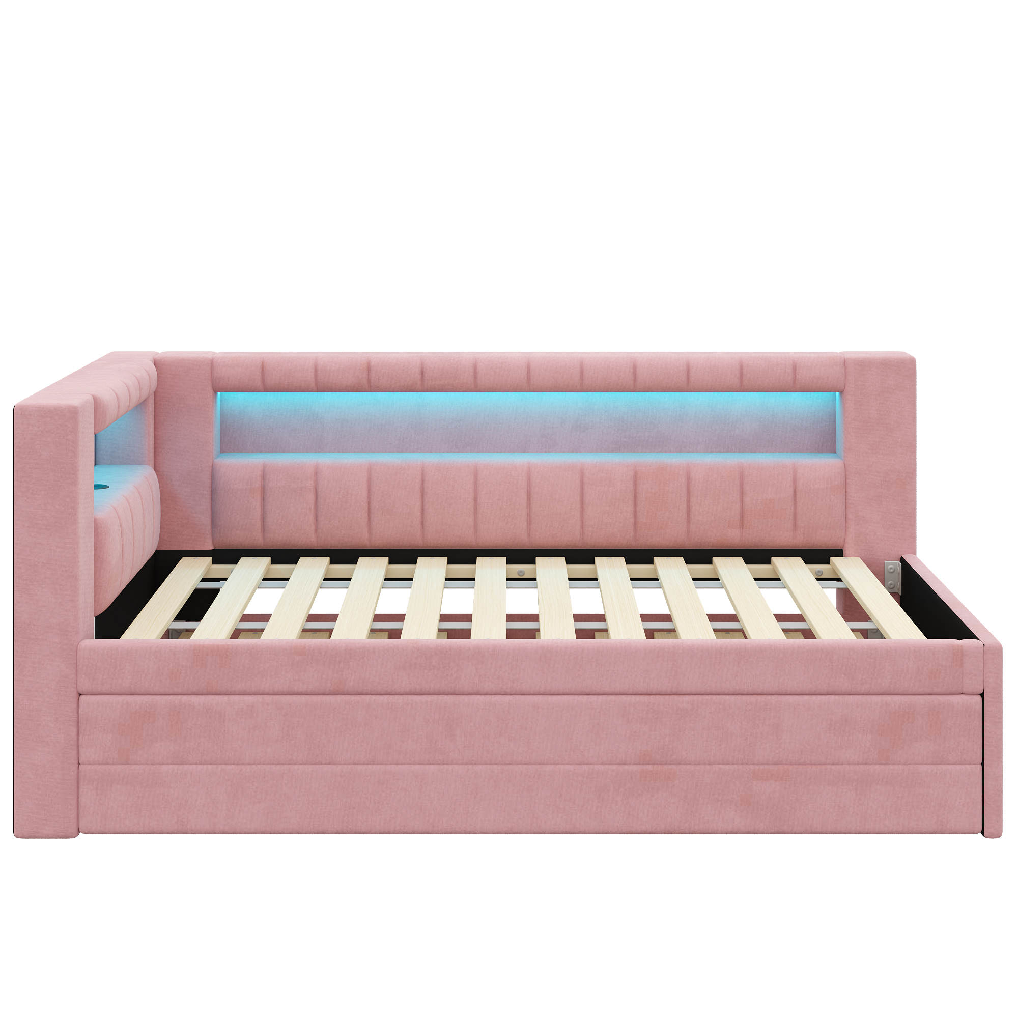 Lit banquette 90x200 cm,en bois,lit gigogne,éclairage LED,port USB,rose,lit 1 place