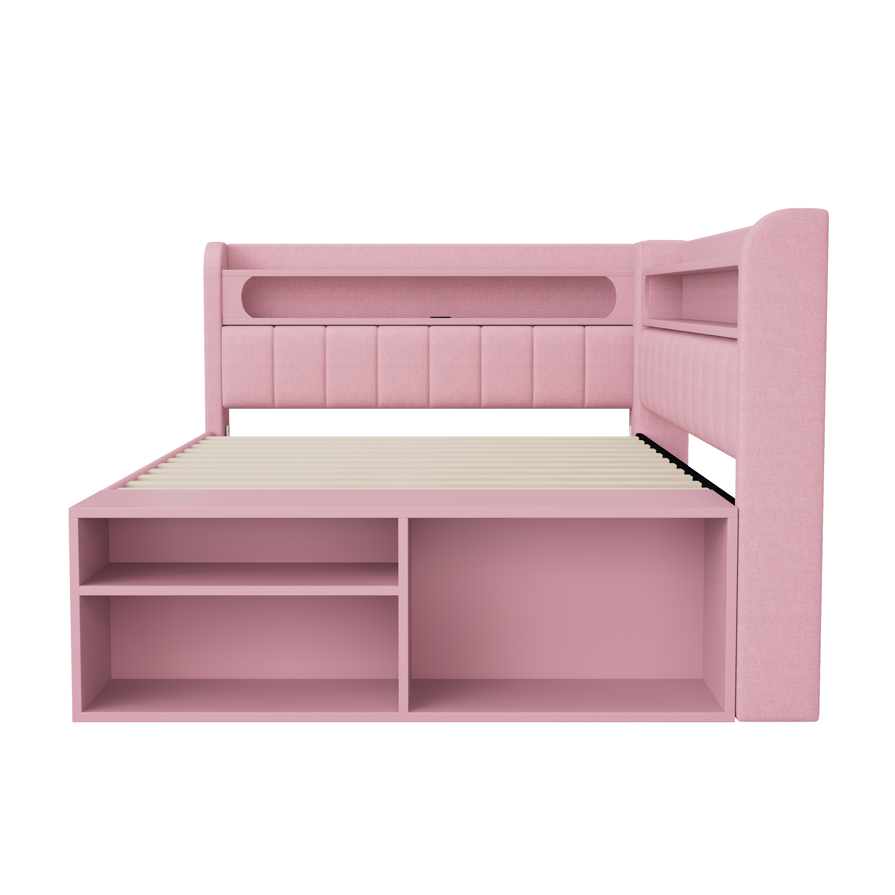 Lit banquette convertible 90x200 cm,en bois,couchage gigogne,bureau intégré,éclairage LED,port USB,rose,lit 1 place,lit avec rangement intégré