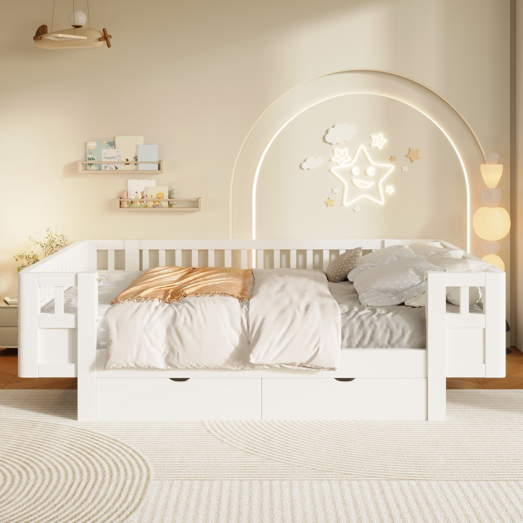 Lit / lit de chambre 140 x 200 cm avec éclairage LED, rangements intégrés, fonction extensible, blanc - présentation 1
