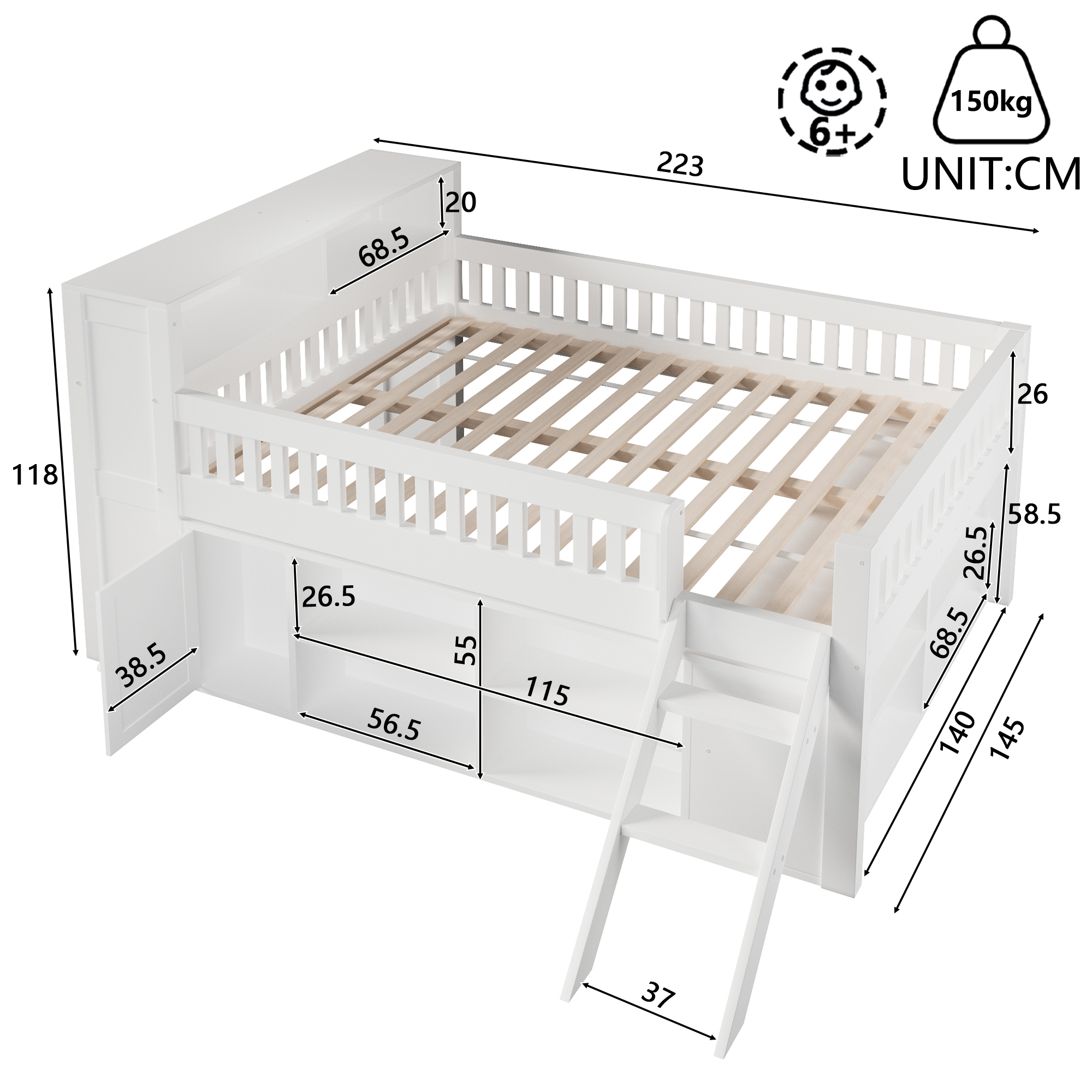 Détails lit mezzanine enfant 140x200 cm avec LED rangement et structure bois blanc