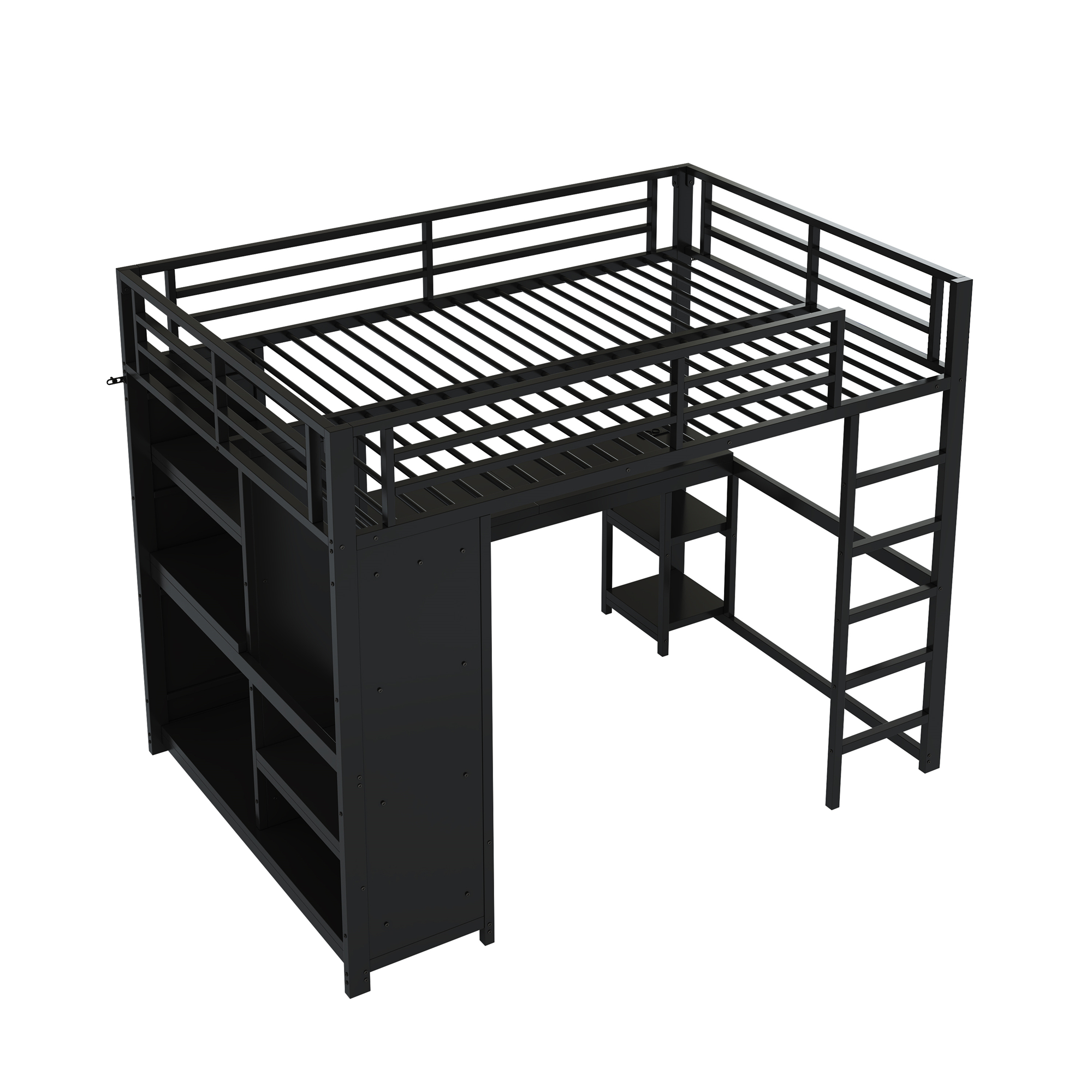 Lit mezzanine 140 x 200 cm, bureau intégré, échelle, penderie intégrée, éclairage LED au niveau du bureau, métal, noir, 204 x 145 x 180 cm - points forts 1