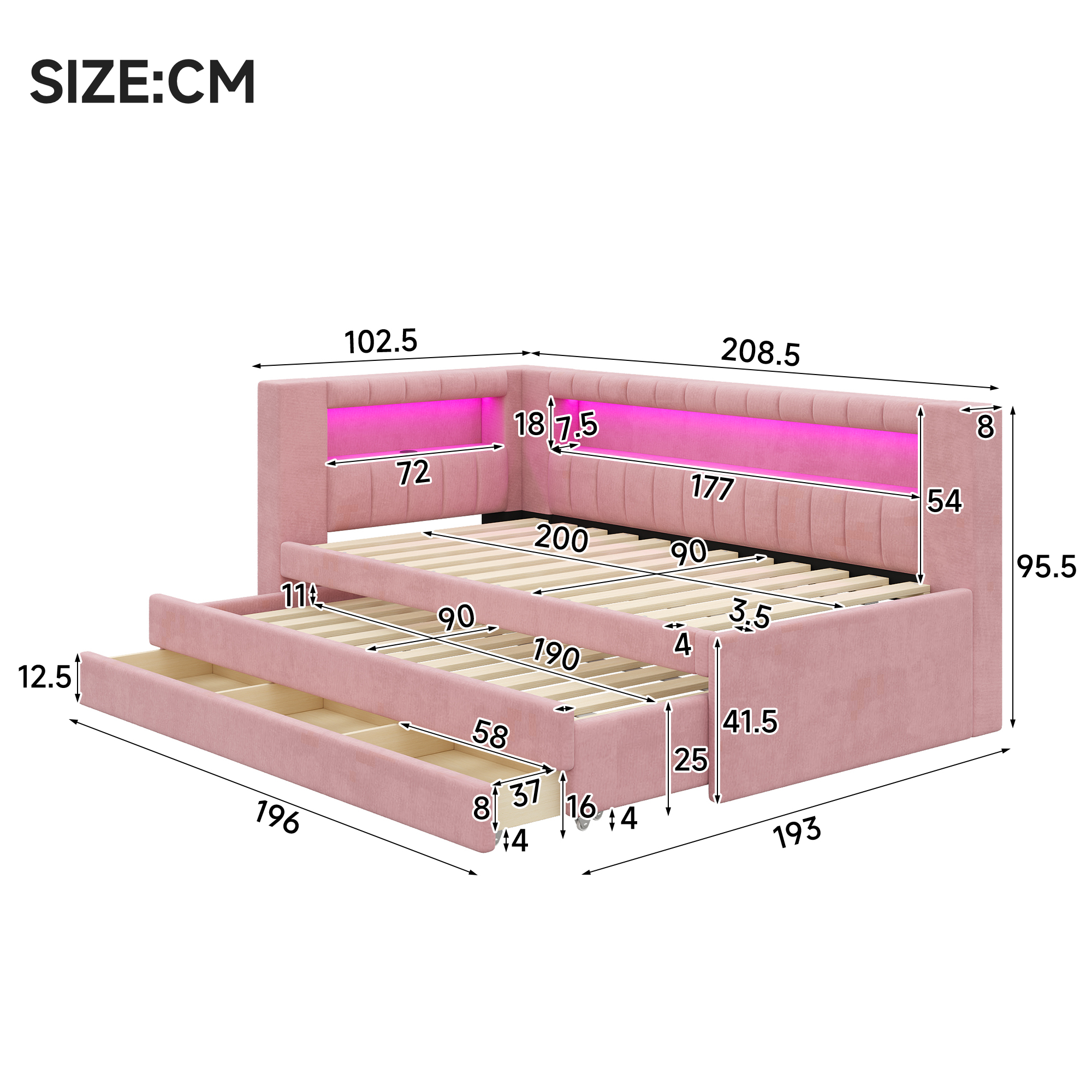Lit banquette 90x200 cm,en bois,lit gigogne,éclairage LED,port USB,rose,lit 1 place