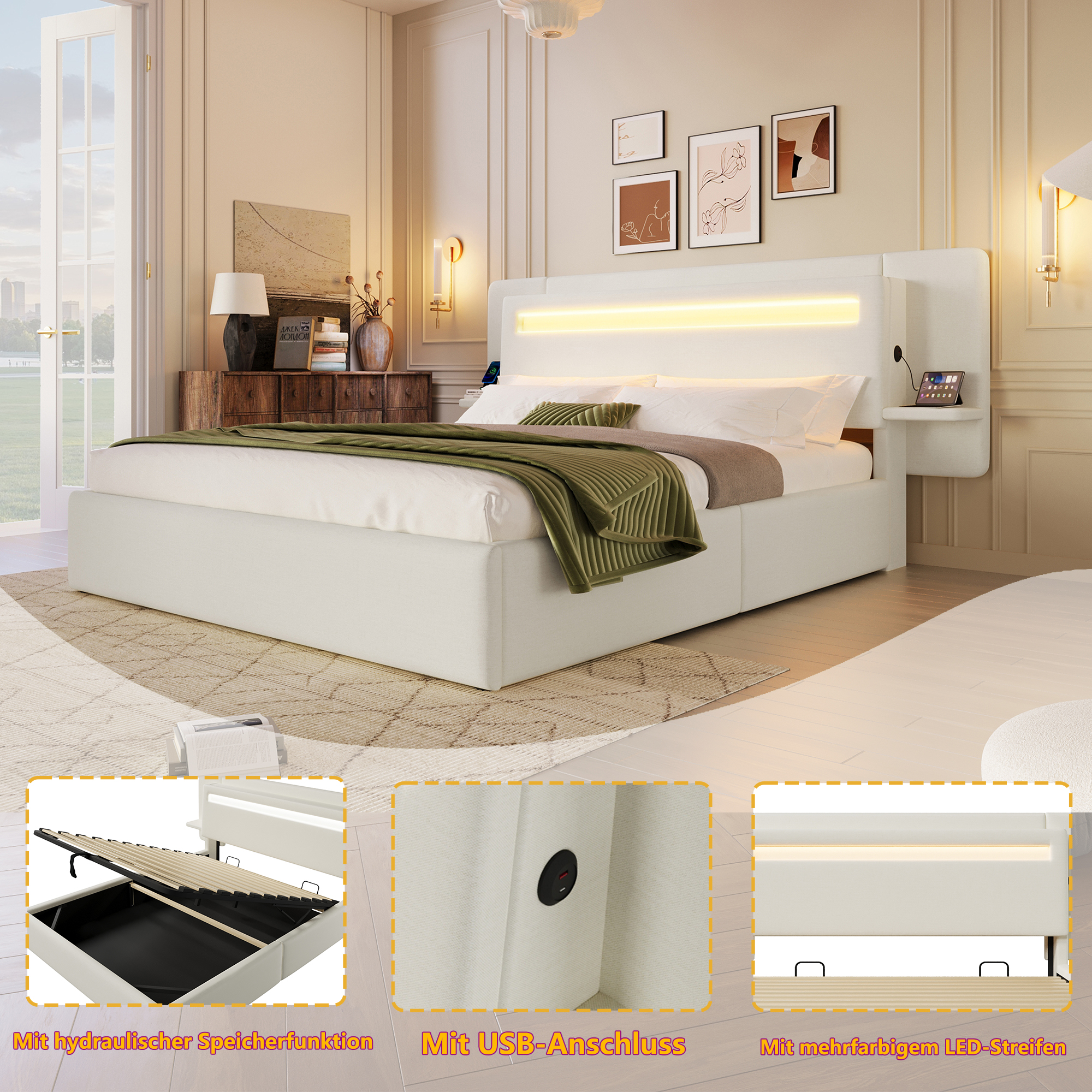 Lit banquette 140x200 cm,en lin,coffre de rangement hydraulique,éclairage LED,port USB,beige,lit 2 places,lit avec coffre de rangement