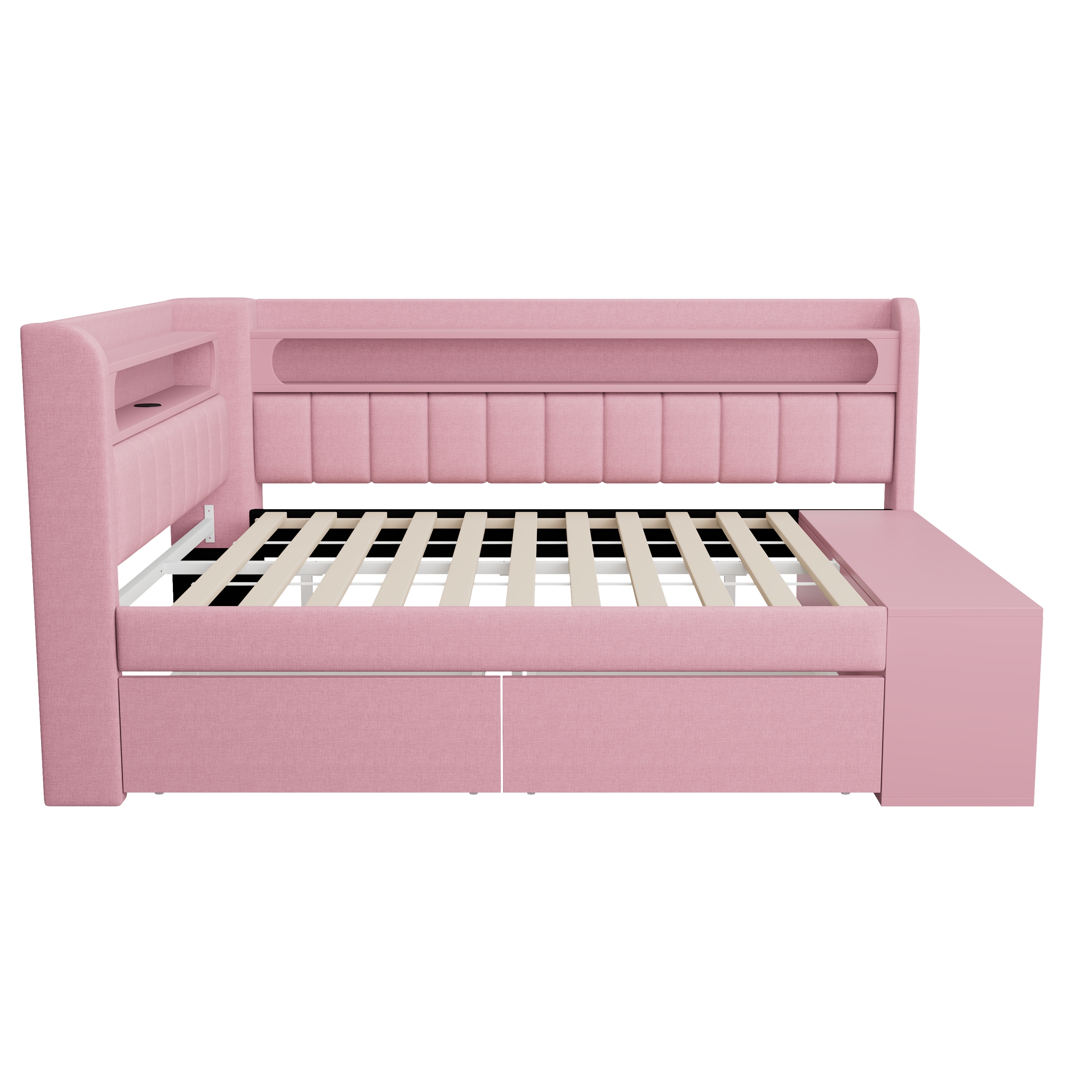 Lit banquette convertible 90x200 cm,en bois,couchage gigogne,bureau intégré,éclairage LED,port USB,rose,lit 1 place,lit avec rangement intégré